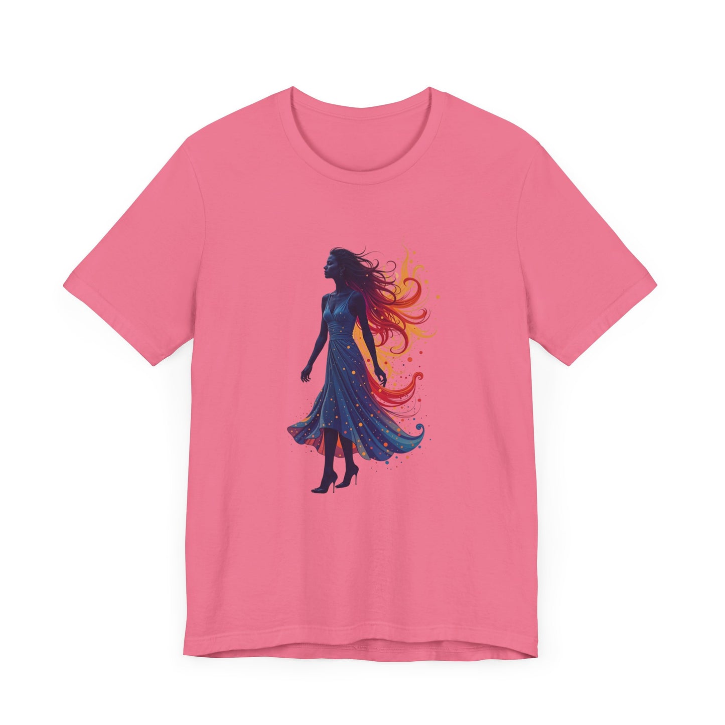 Graceful Woman with Swirling Autumn Aura – Abstract Colorful Swirl Graphic T-Shirt