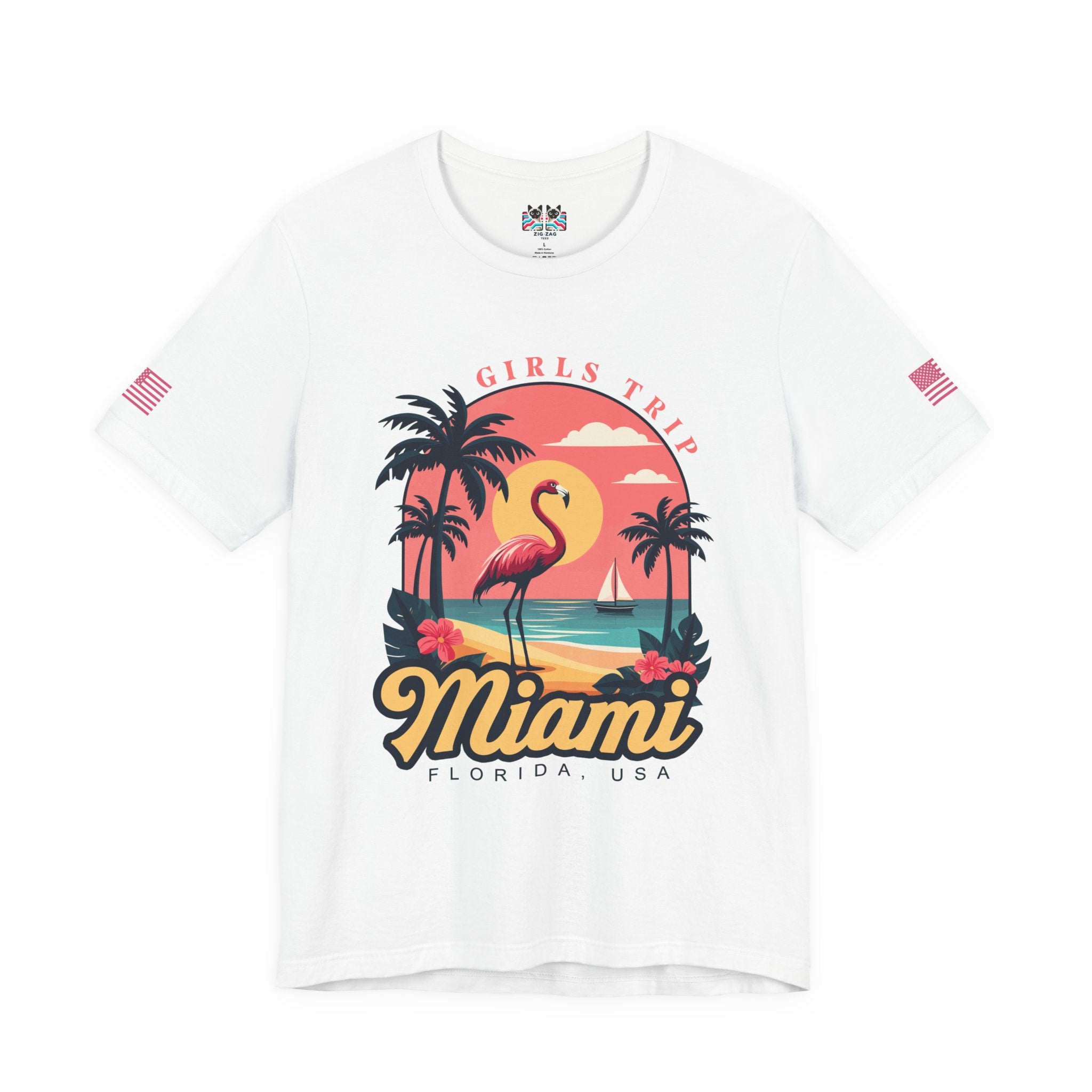 Miami Girls Trip Florida USA T-Shirt – Flamingo Sunset Palm Tree Beach Graphic Tee
