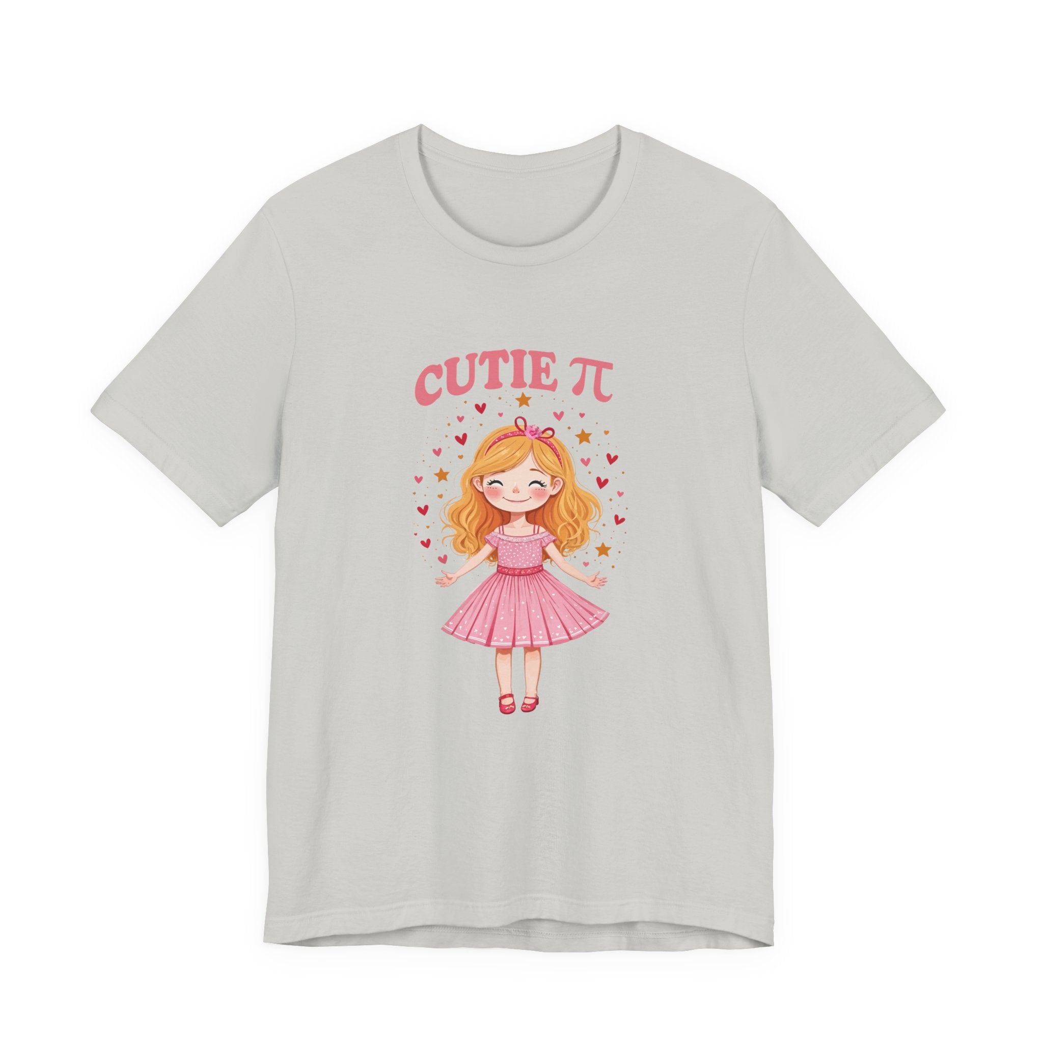 Cutie Pi Tshirt – Happy Girl with Pi Symbol, Hearts, and Stars Graphic