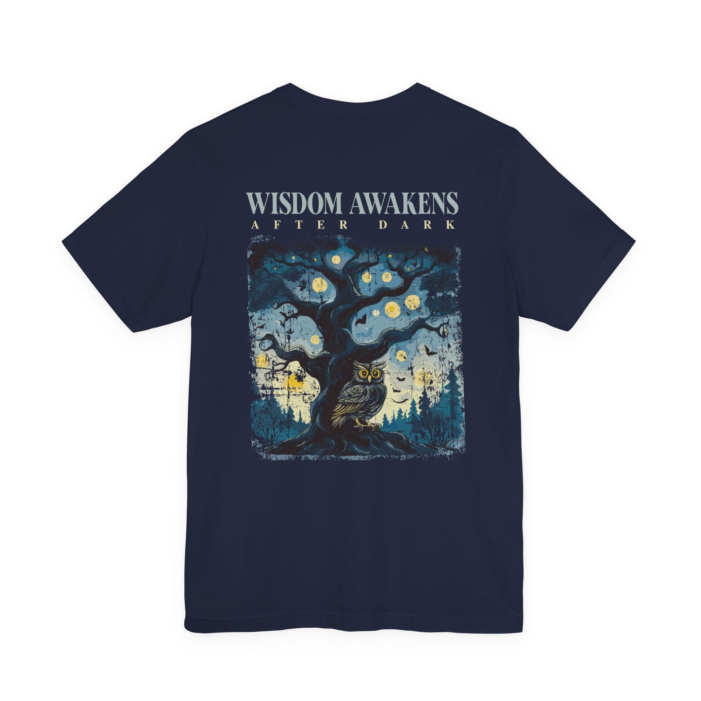 Wisdom Awakens After Dark T-Shirt – Night Owl and Moonlit Tree Graphic