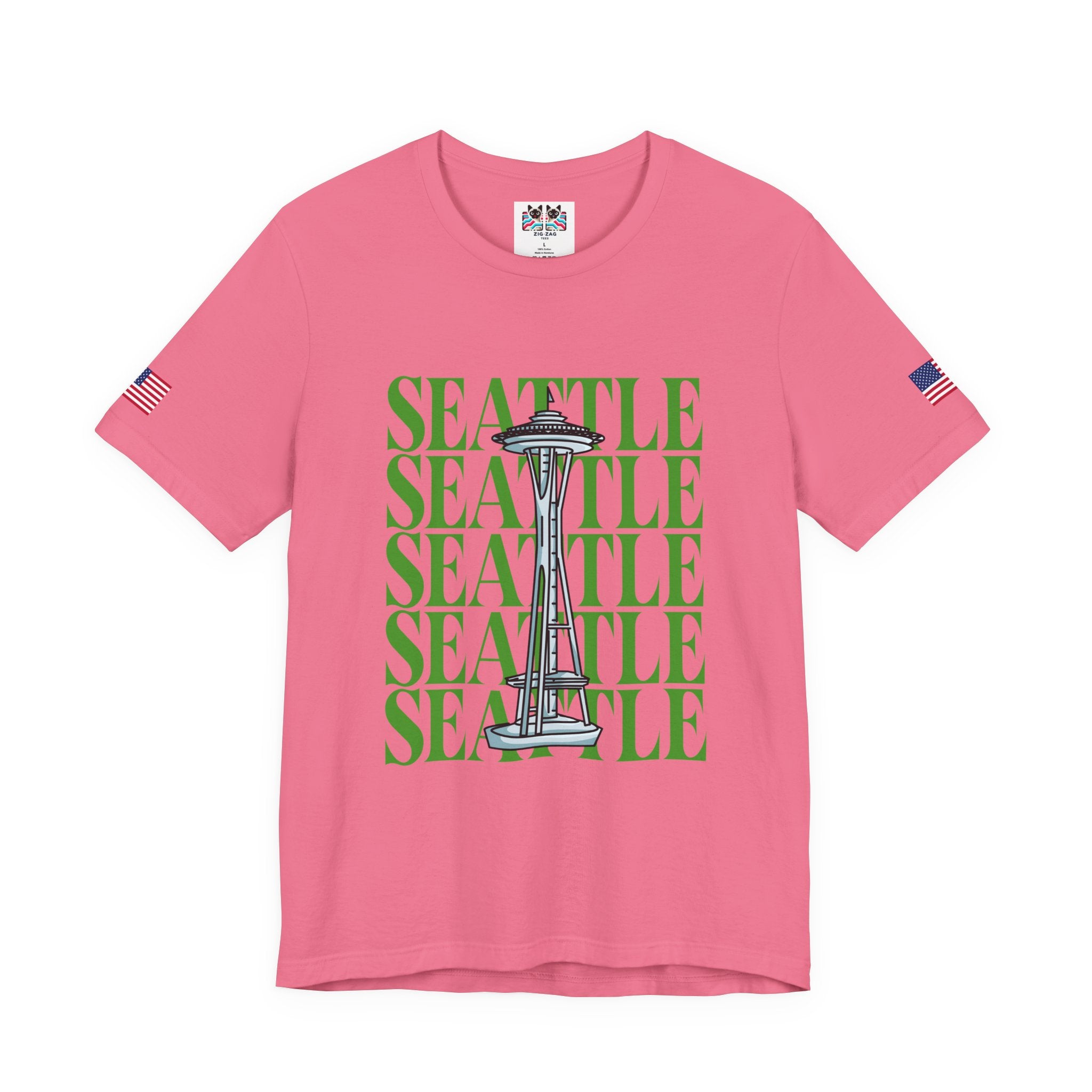Seattle Repeated Text Space Needle Graphic T-Shirt | Seattle Washington Souvenir Tee | Space Needle Pride Shirt