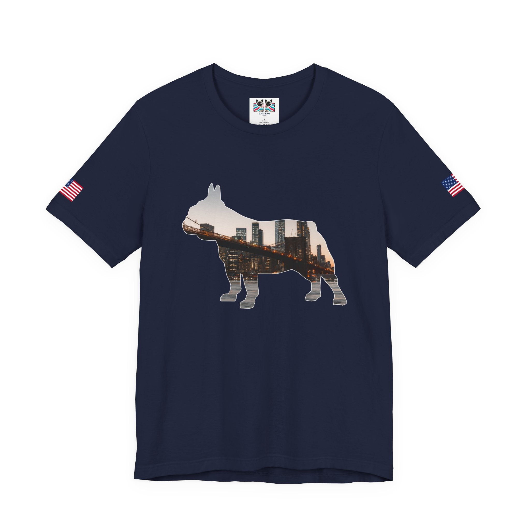 NYC Dog Silhouette T-Shirt - New York City Skyline in French Bulldog Shape Brooklyn Bridge
