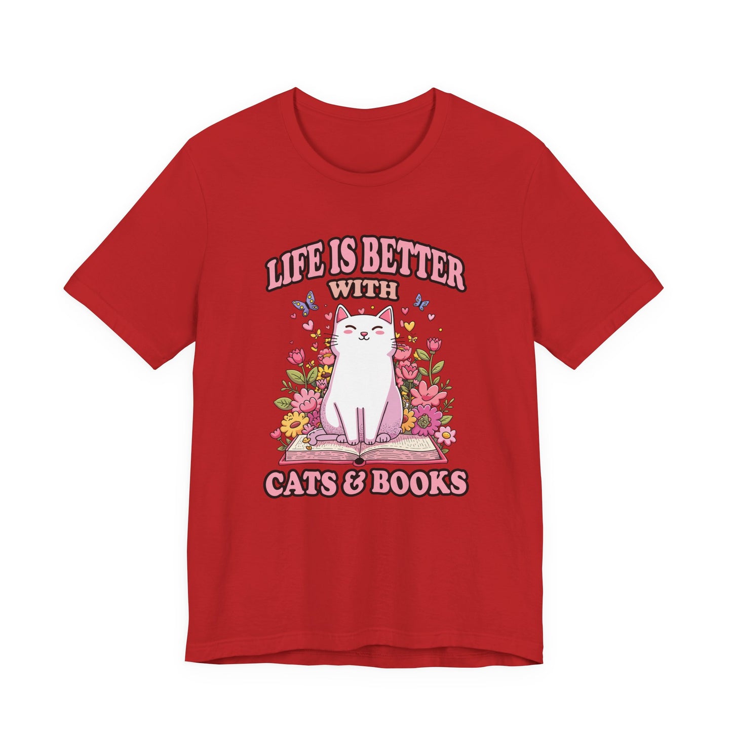 Life Is Better With Cat And Books Tshirt Cat Sitting on Open Book Flower Graphic