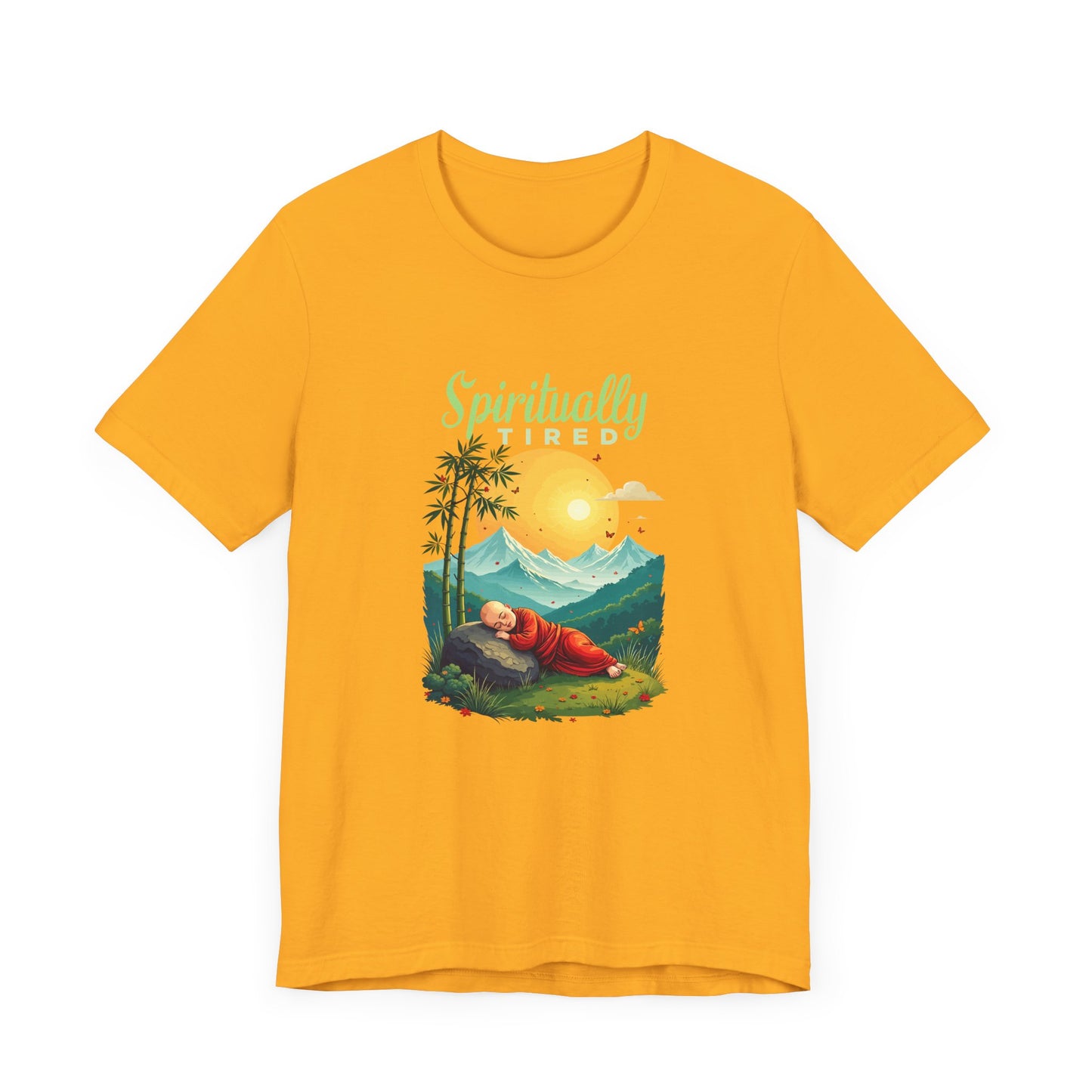 Spiritually Tired – Sleeping Monk Boy in Sunrise Nature Graphic T-Shirt