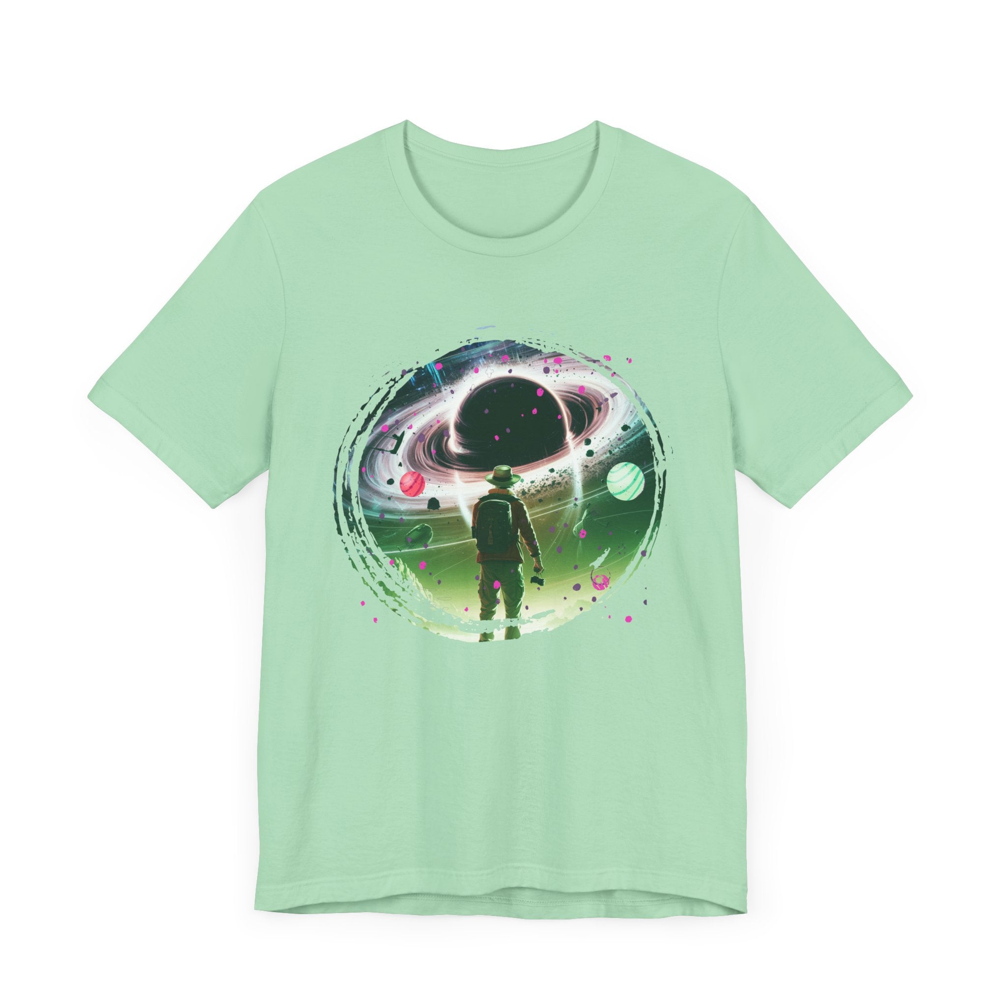 Shocked Traveler & Dramatic Planets | Backpacker Gazing at Planets Graphic T-Shirt