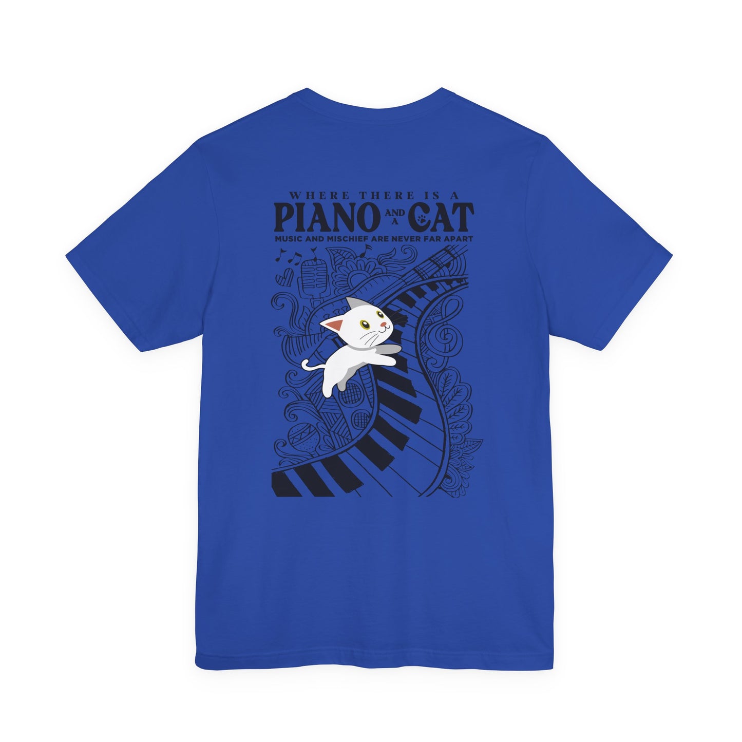 Music and Mischief T-Shirt – Piano and Playful Cat Graphic