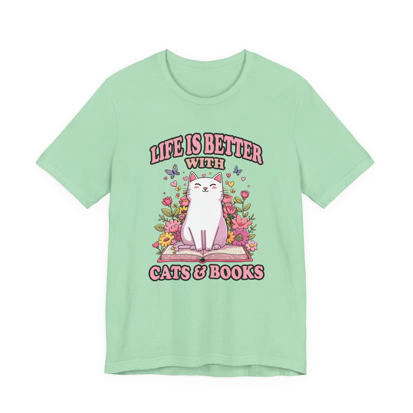 Life Is Better With Cat And Books Tshirt Cat Sitting on Open Book Flower Graphic