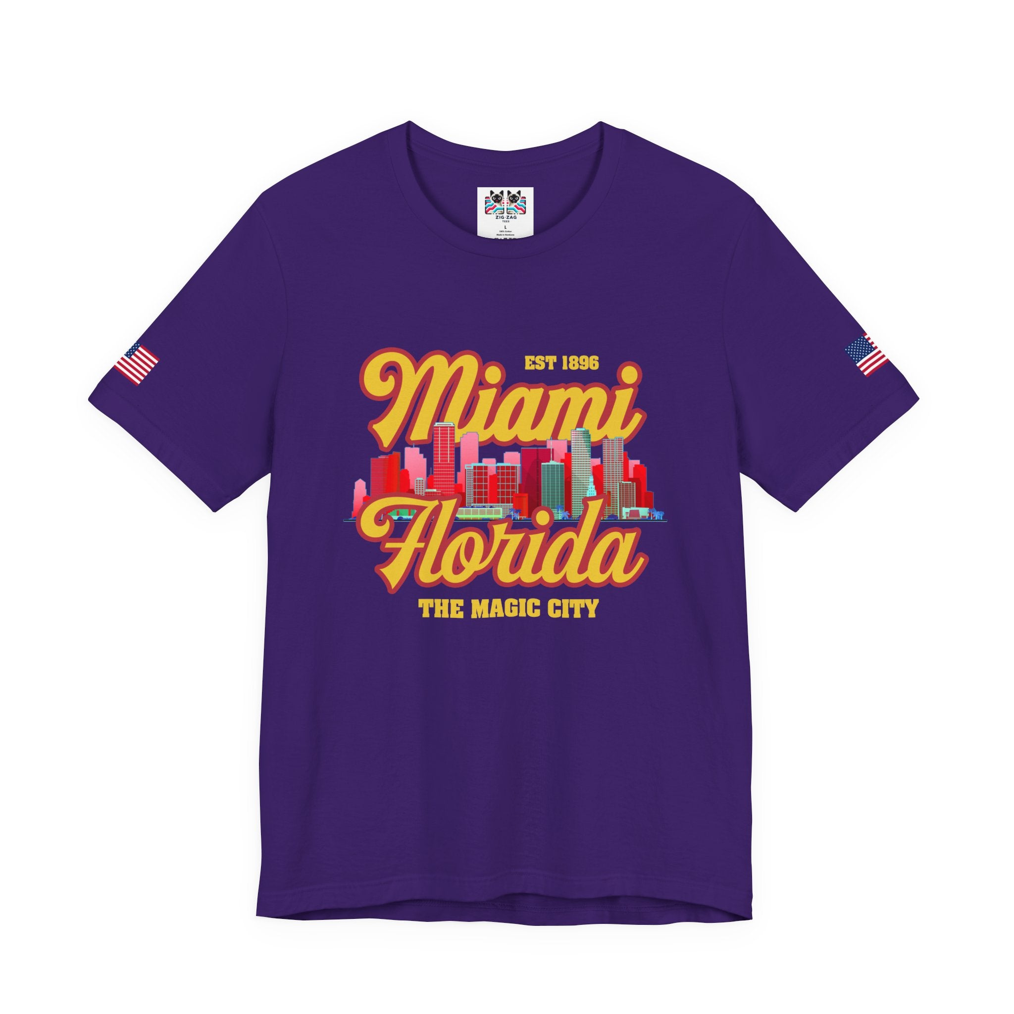 Miami Florida EST 1896 The Magic City T-Shirt – Retro Script Colorful Skyline Tee