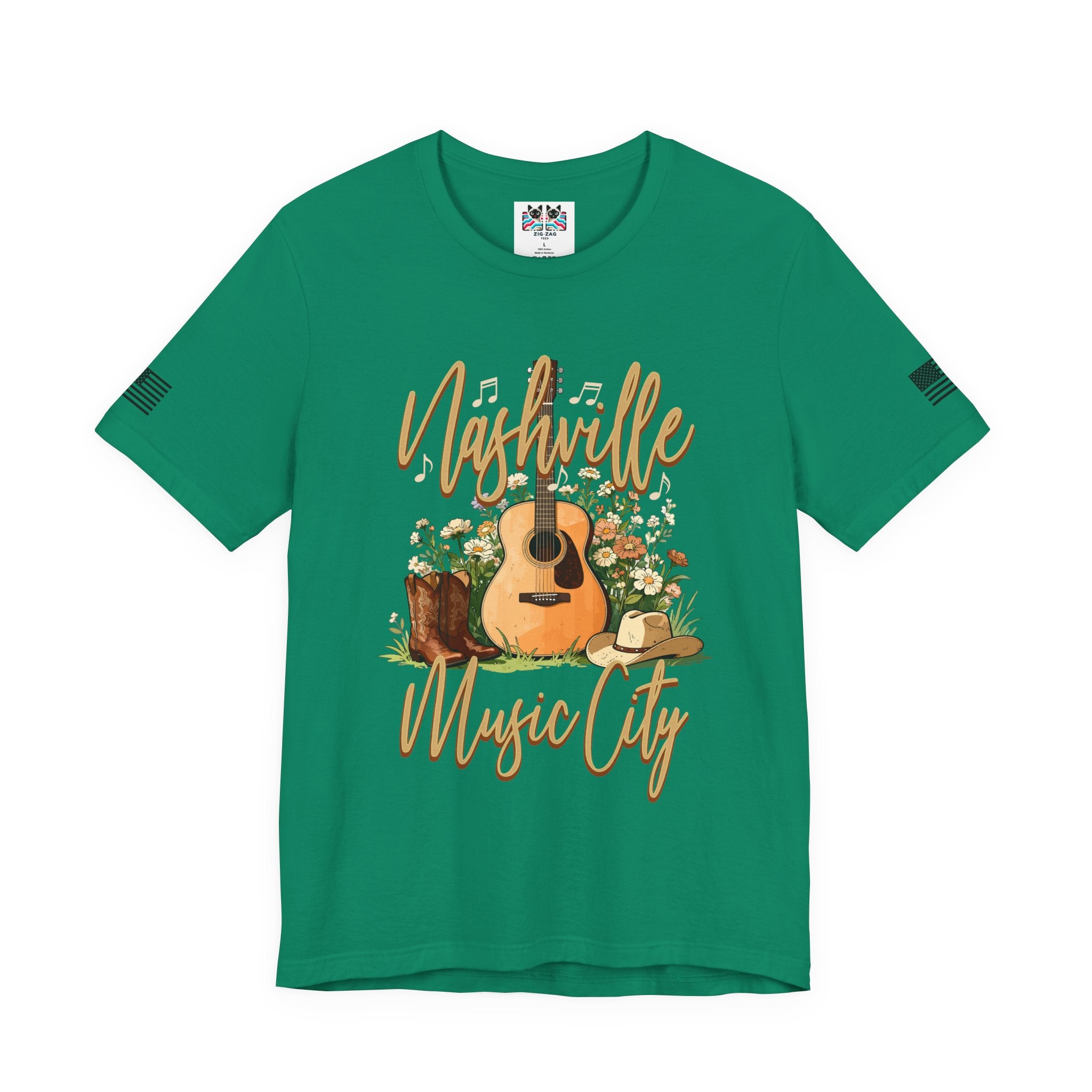 Nashville Music City T-Shirt – Acoustic Guitar Cowboy Hat Boots Floral Script Graphic Tee