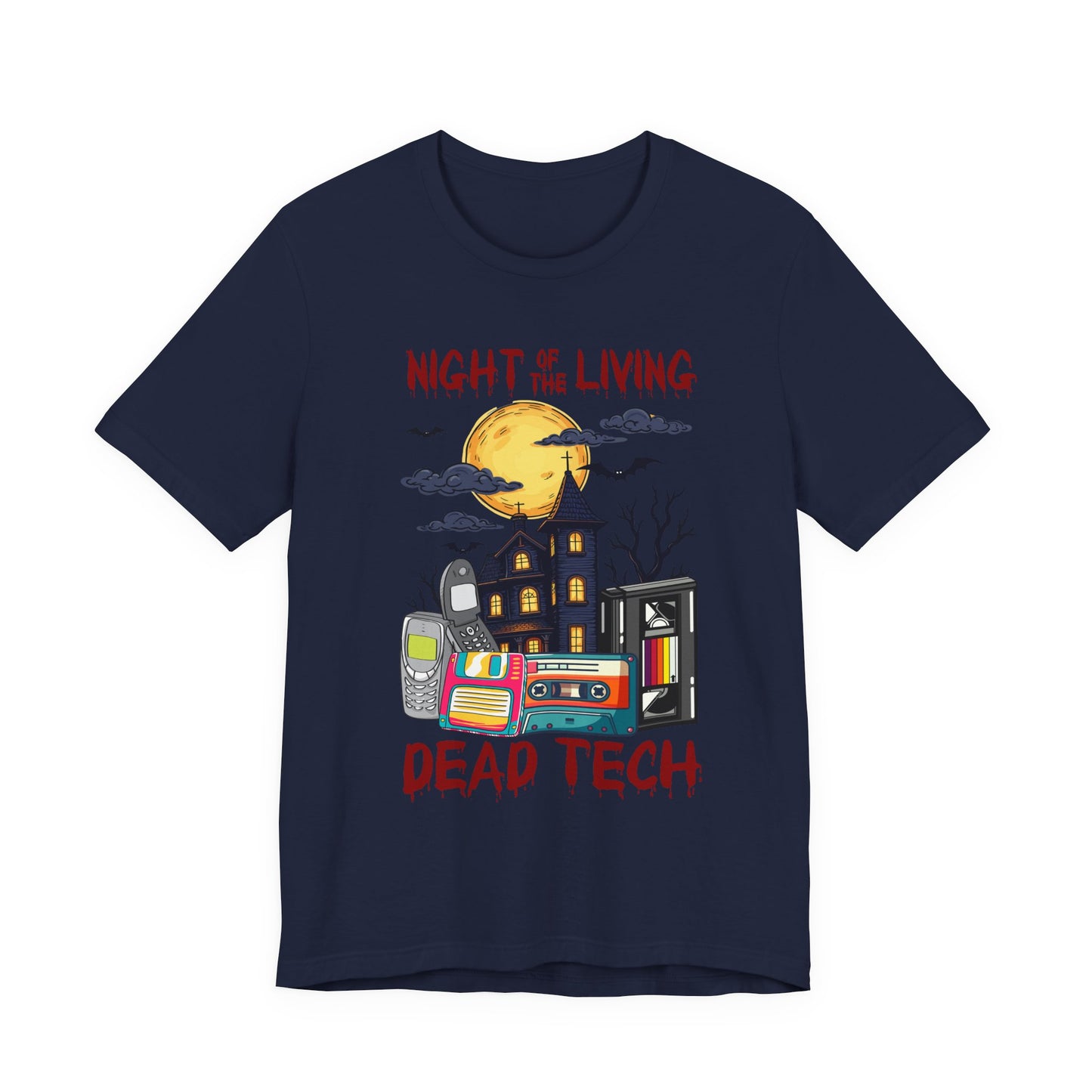 Night of the Living, Dead Tech Tshirt – Haunted Building & Retro Gadgets