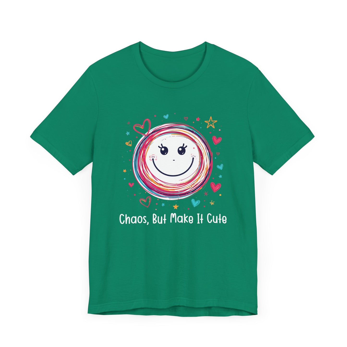 Chaos, But Make It Cute – Colorful Scribbled Circles with Smiley, Hearts & Stars Graphic T-Shirt