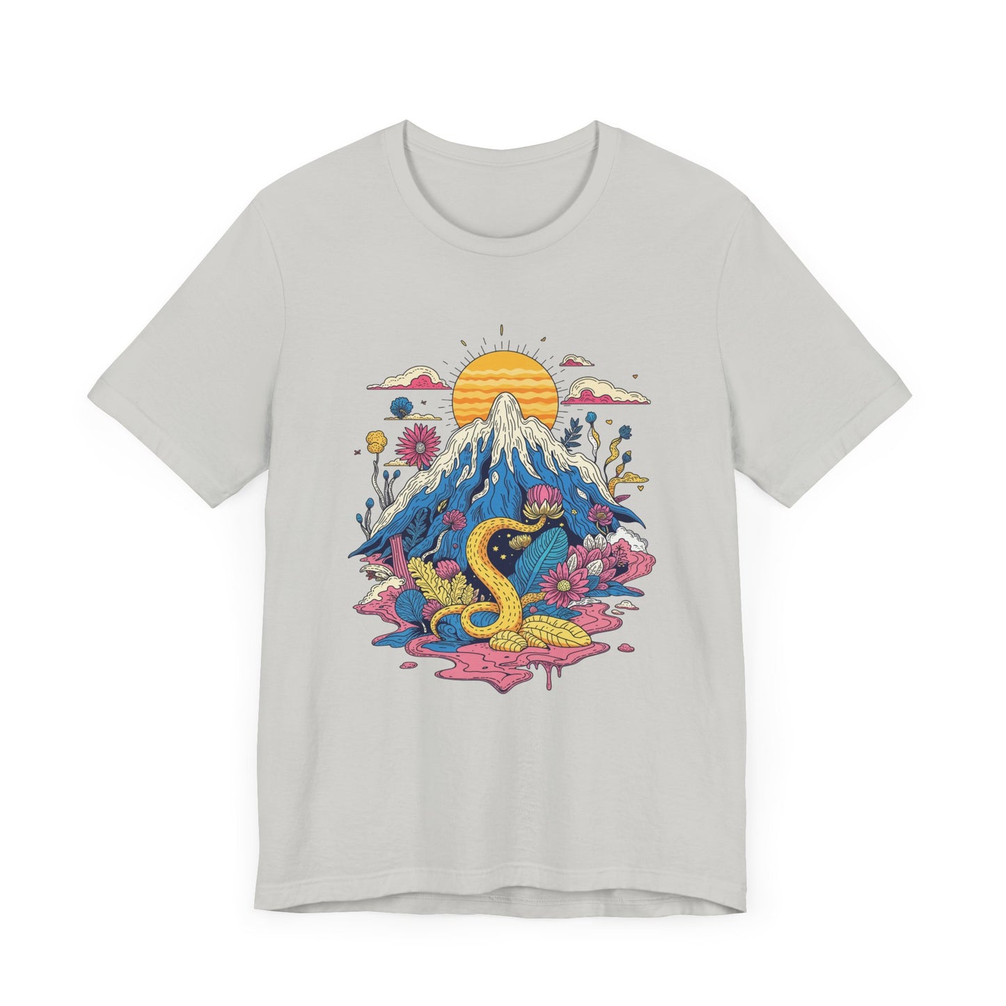 Psychological Jungle Mountain – Psychedelic Sun and Jungle Landscape Graphic T-Shirt