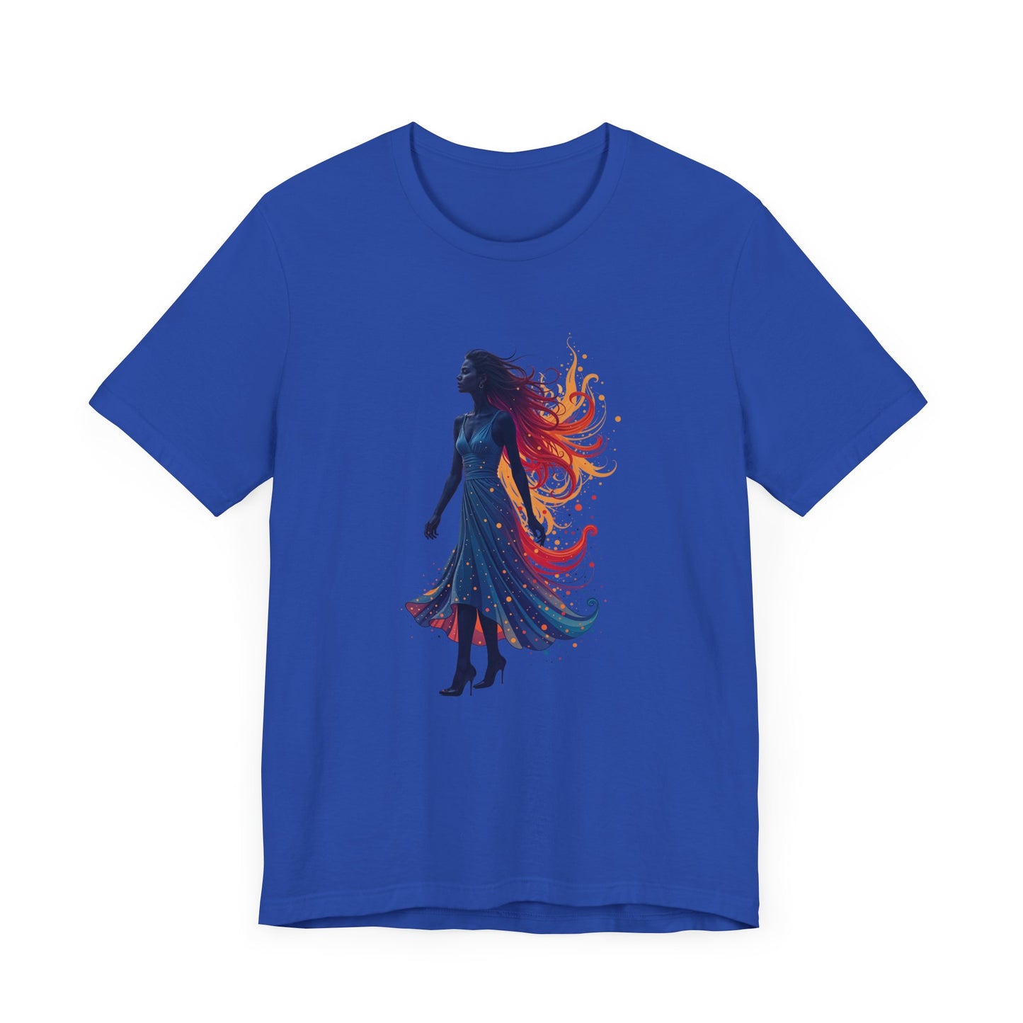 Graceful Woman with Swirling Autumn Aura – Abstract Colorful Swirl Graphic T-Shirt