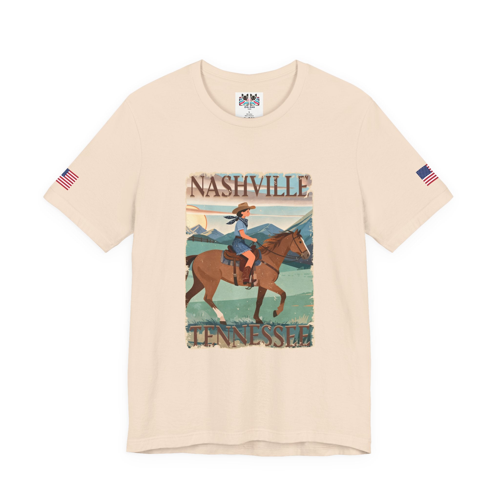Nashville Tennessee T-Shirt – Vintage Cowgirl Horseback Riding Travel Poster Style Graphic Tee