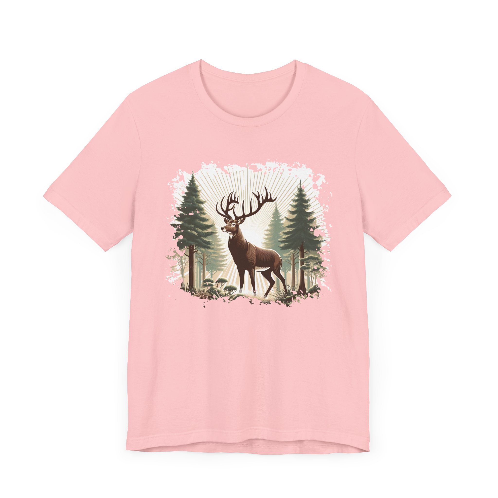 Majestic Deer with Large Antlers | Sunlight Through Foggy Forest Graphic T-Shirt