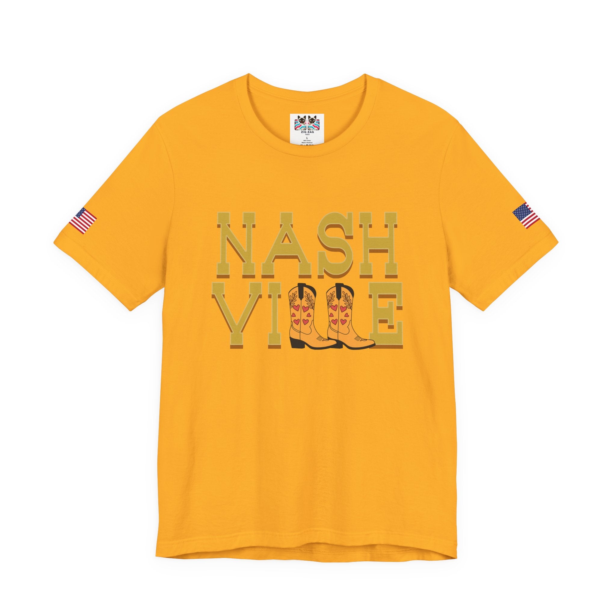 Nashville T-Shirt – Bold Gold Block Letter Cowboy Boots Graphic Tee