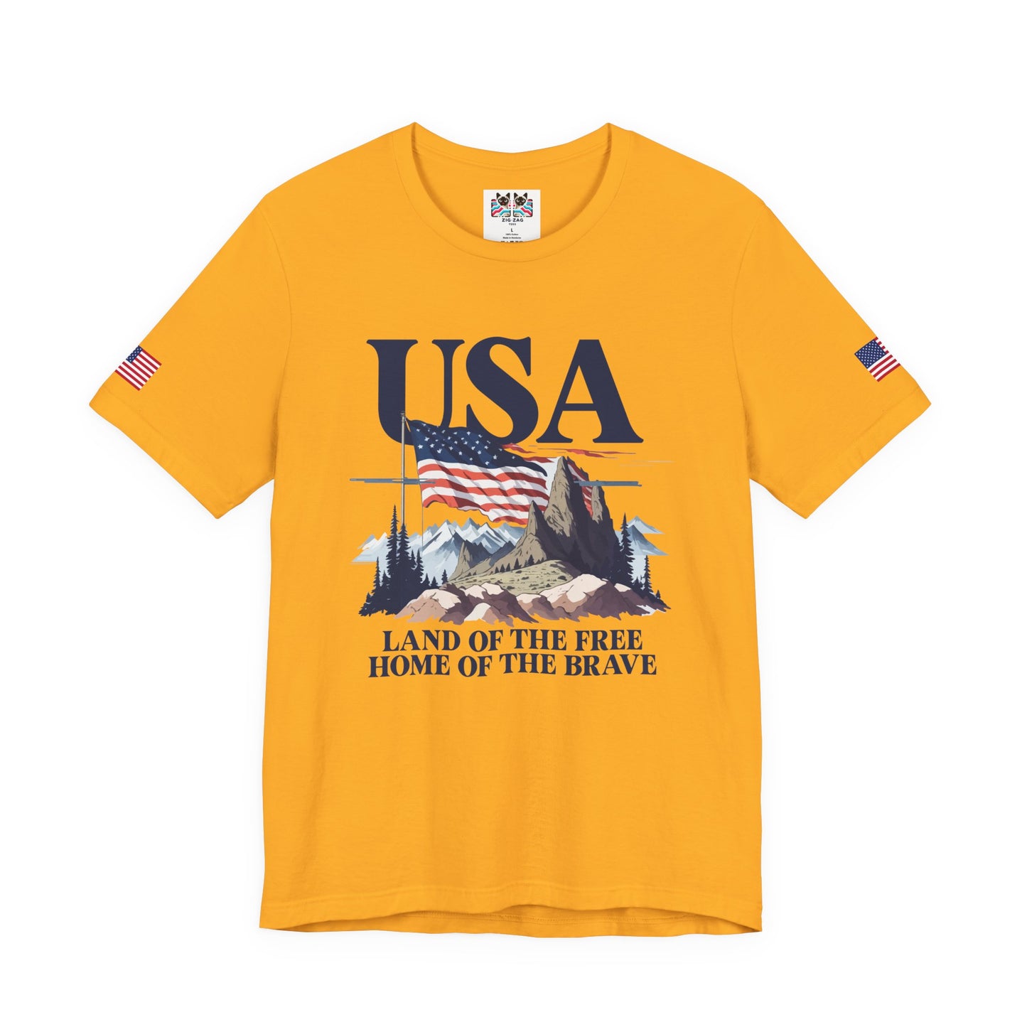 USA Land of the Free Home of the Brave T-Shirt – Mountain Flag Nature Patriotic Graphic Tee