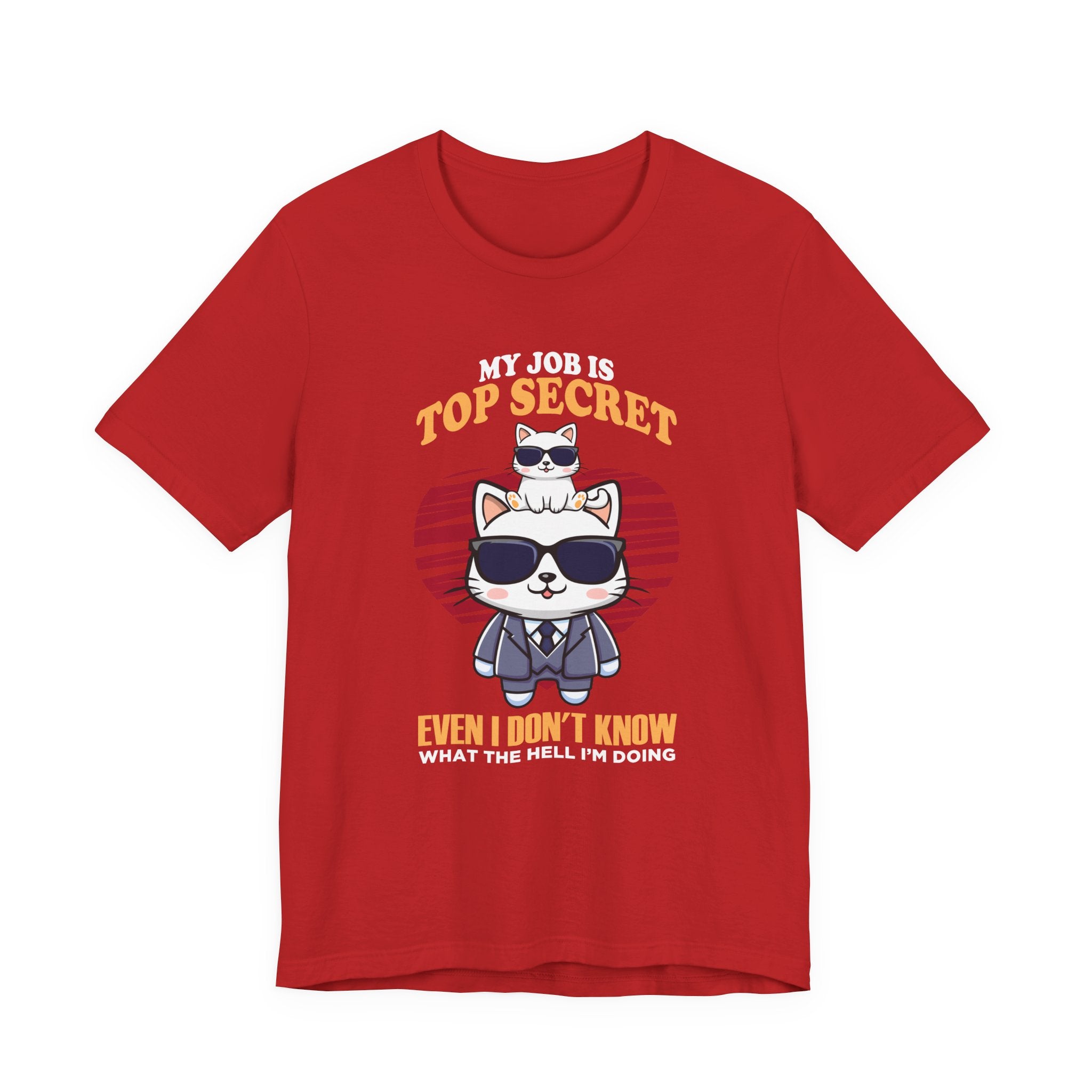 My Job Is Top Secret Tshirt - Stylish cat wearing black goggles and a sharp suit Humor