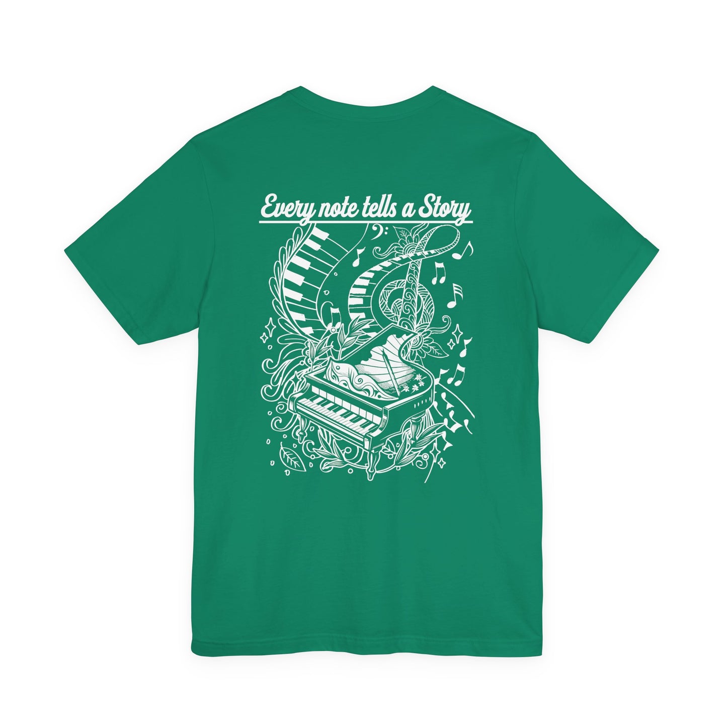 Grand Piano Story T-Shirt – Artistic Music Notes & Keys Graphic