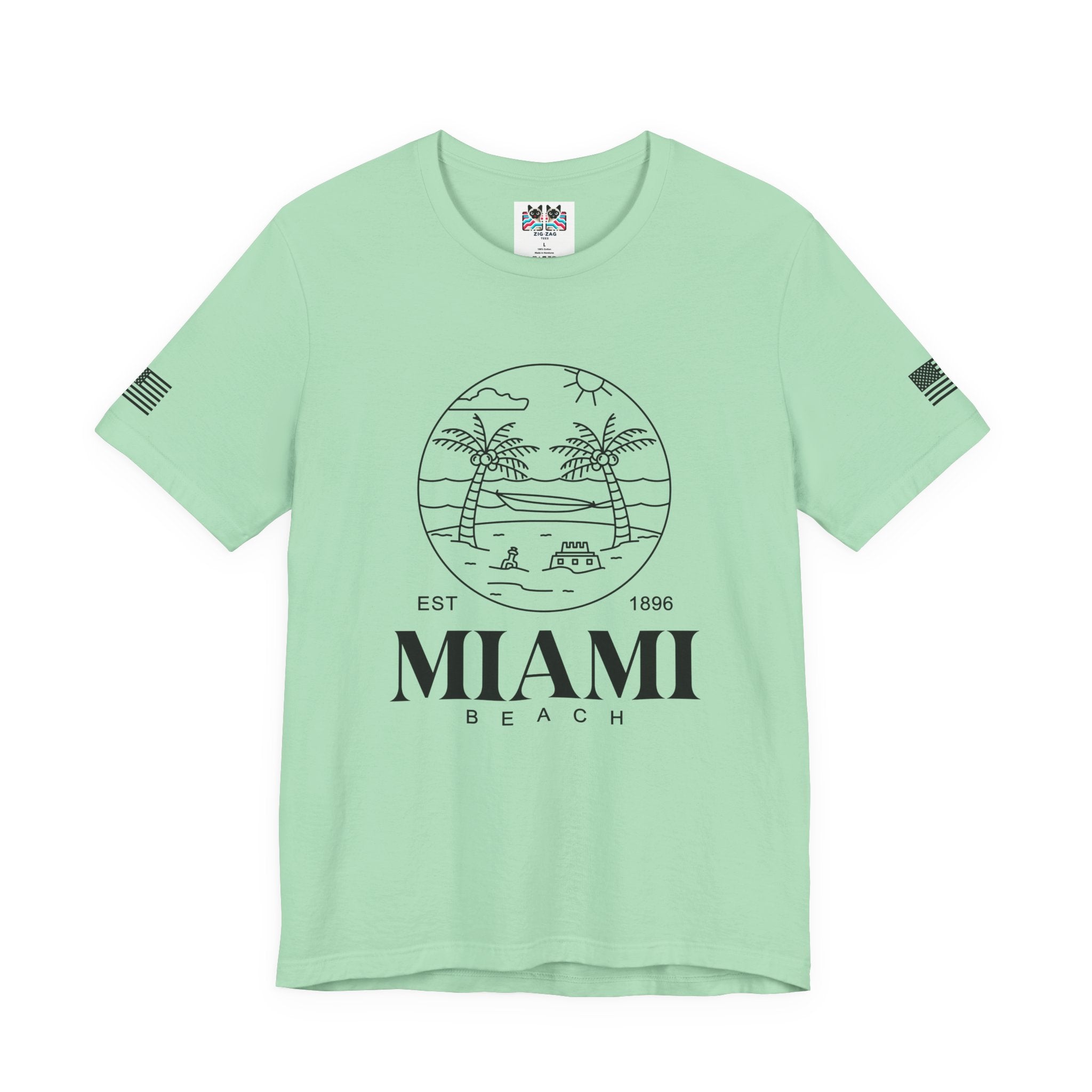 Miami Beach EST 1896 T-Shirt – Circle Line Art Badge Hammock Palm Tree Graphic Tee
