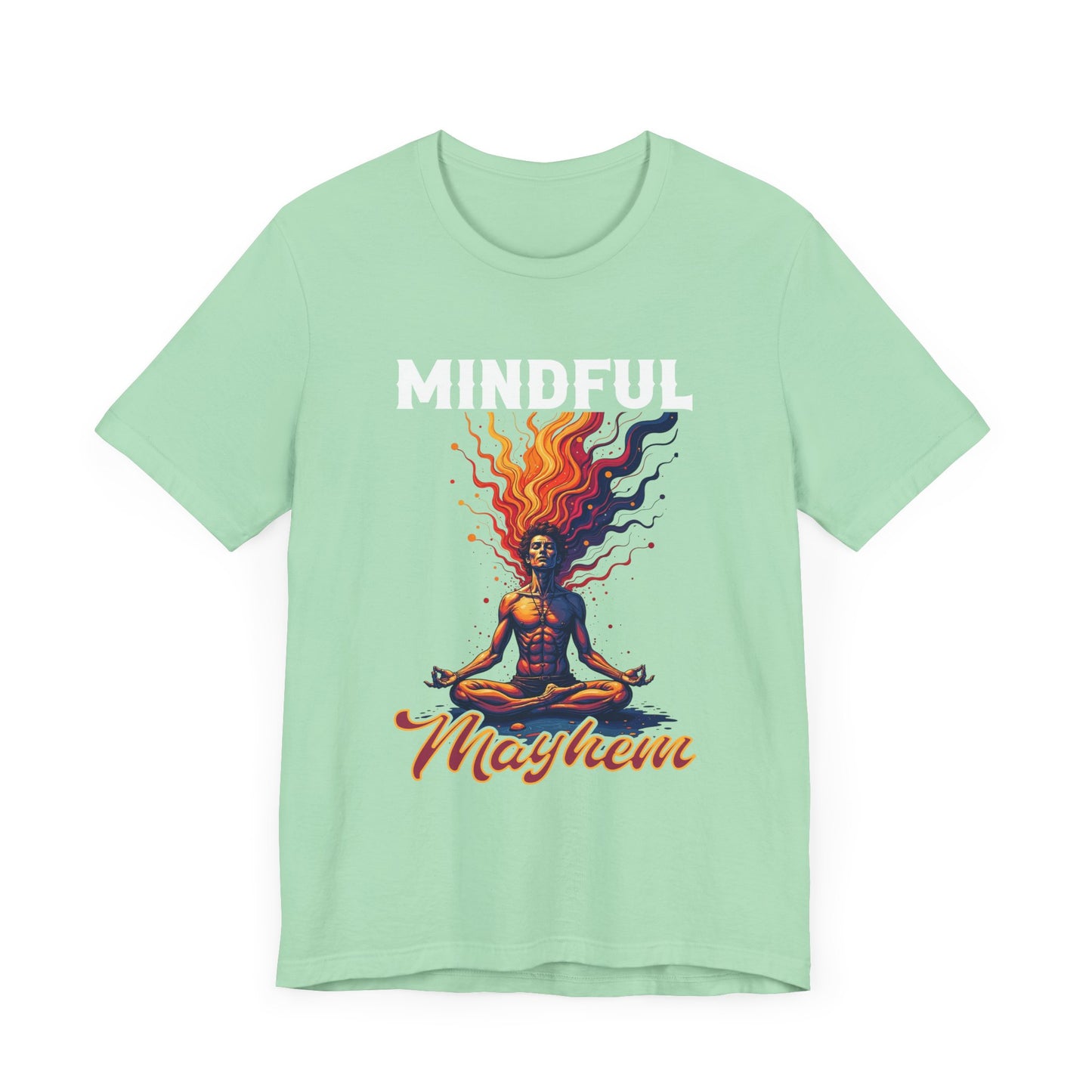 Mindful Mayhem – Meditating Man with Rising Flames Graphic T-Shirt