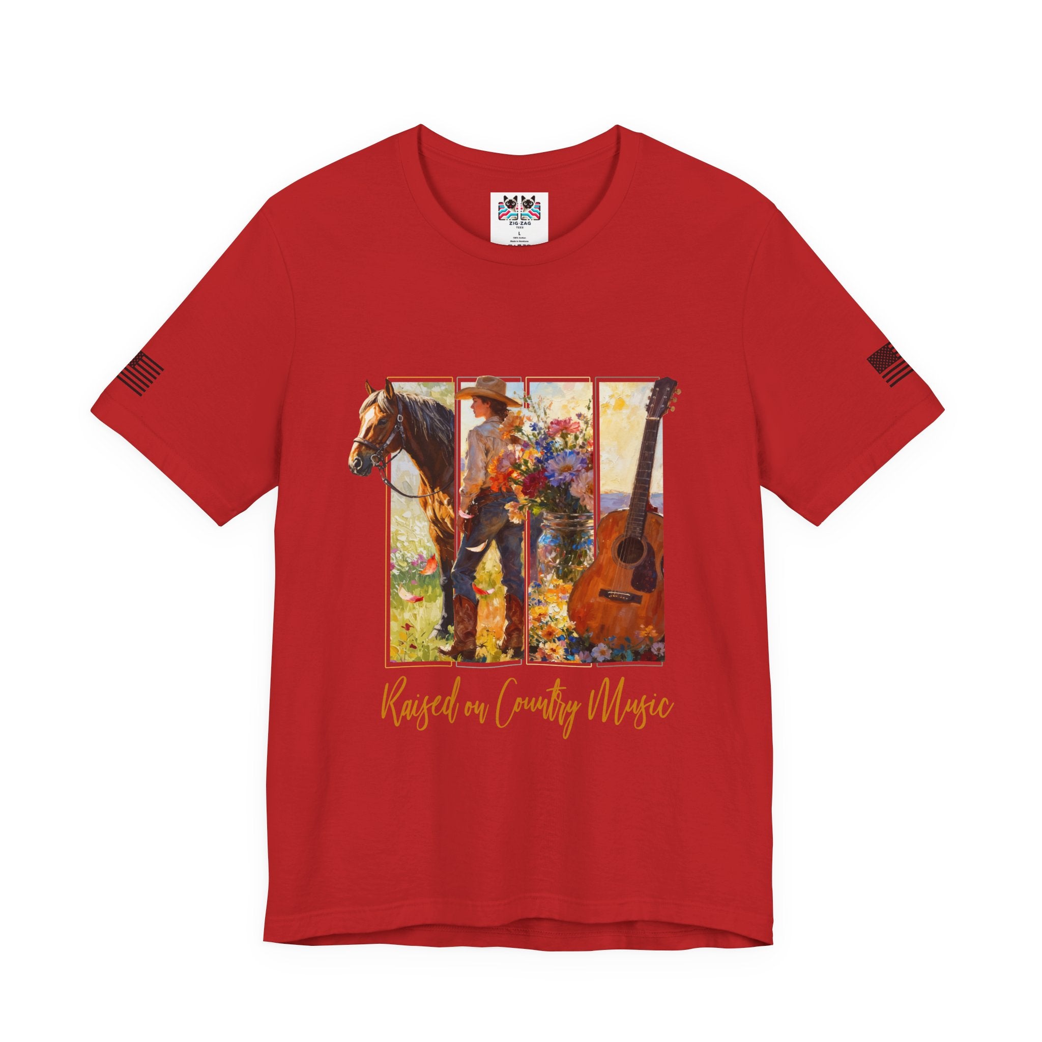 Raised on Country Music T-Shirt – Triptych Horse Cowboy Guitar Floral Illustrated Graphic Tee