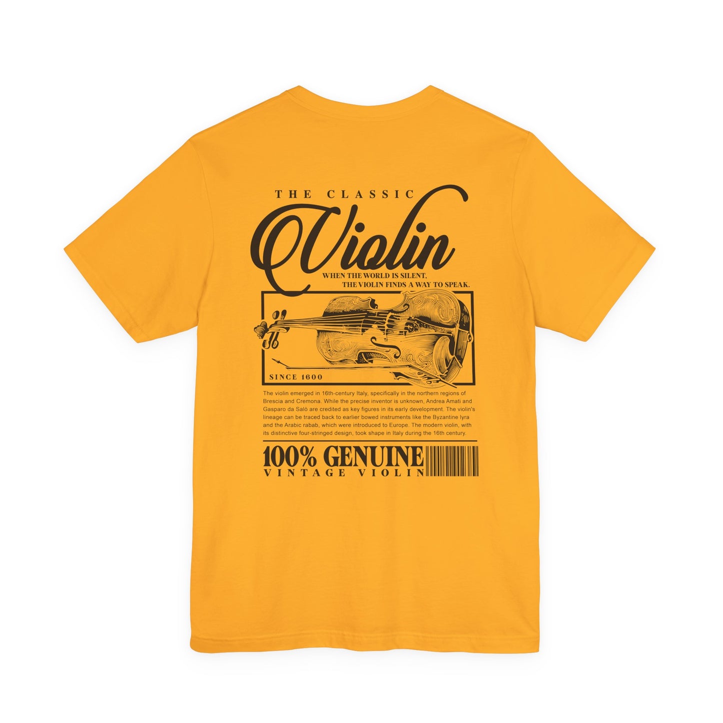 The Classic Violin T-Shirt – Vintage Instrument & 16th Century Story [Black Text]