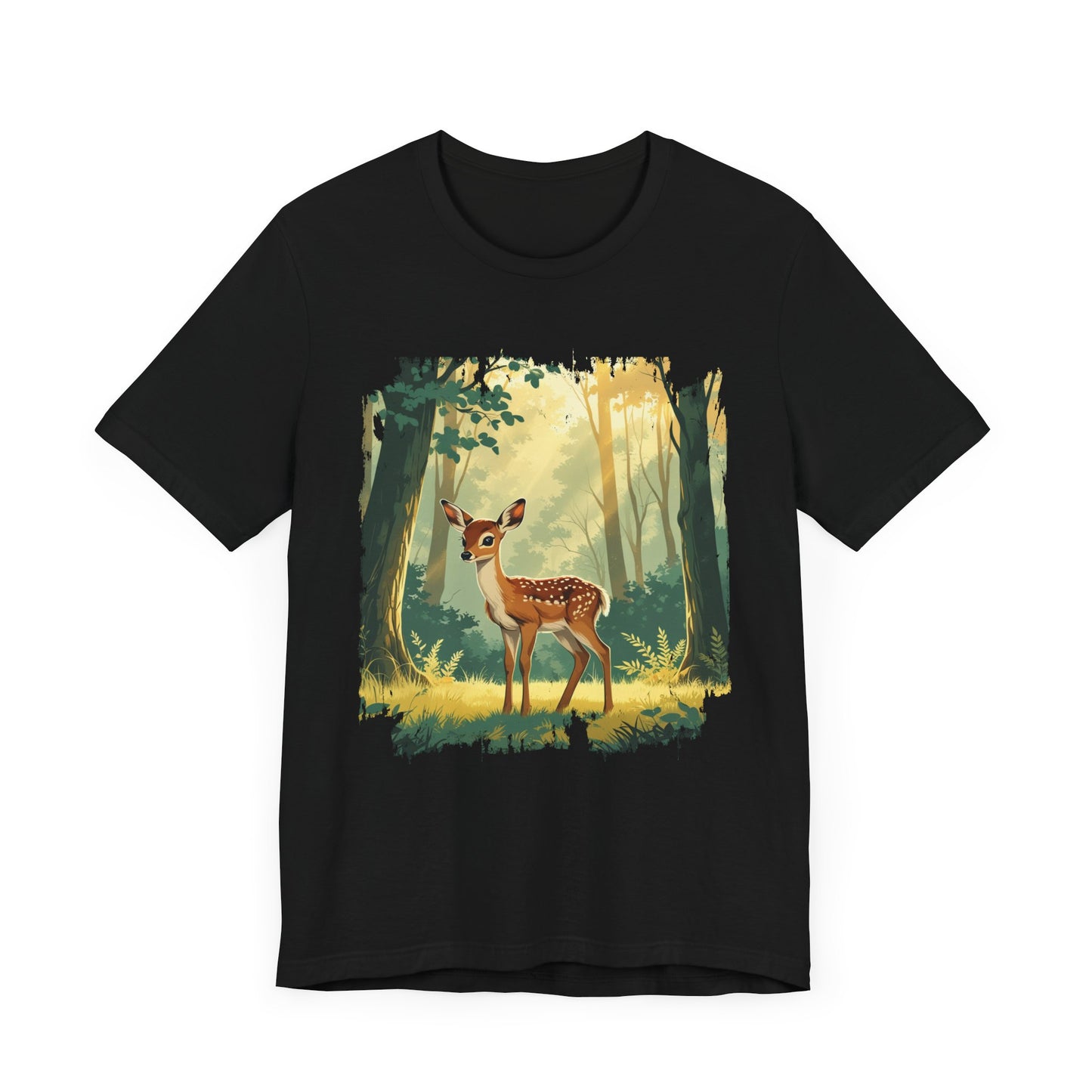 Curious Baby Deer Standing in serene forest with Sunlight Through Trees Graphic T-Shirt