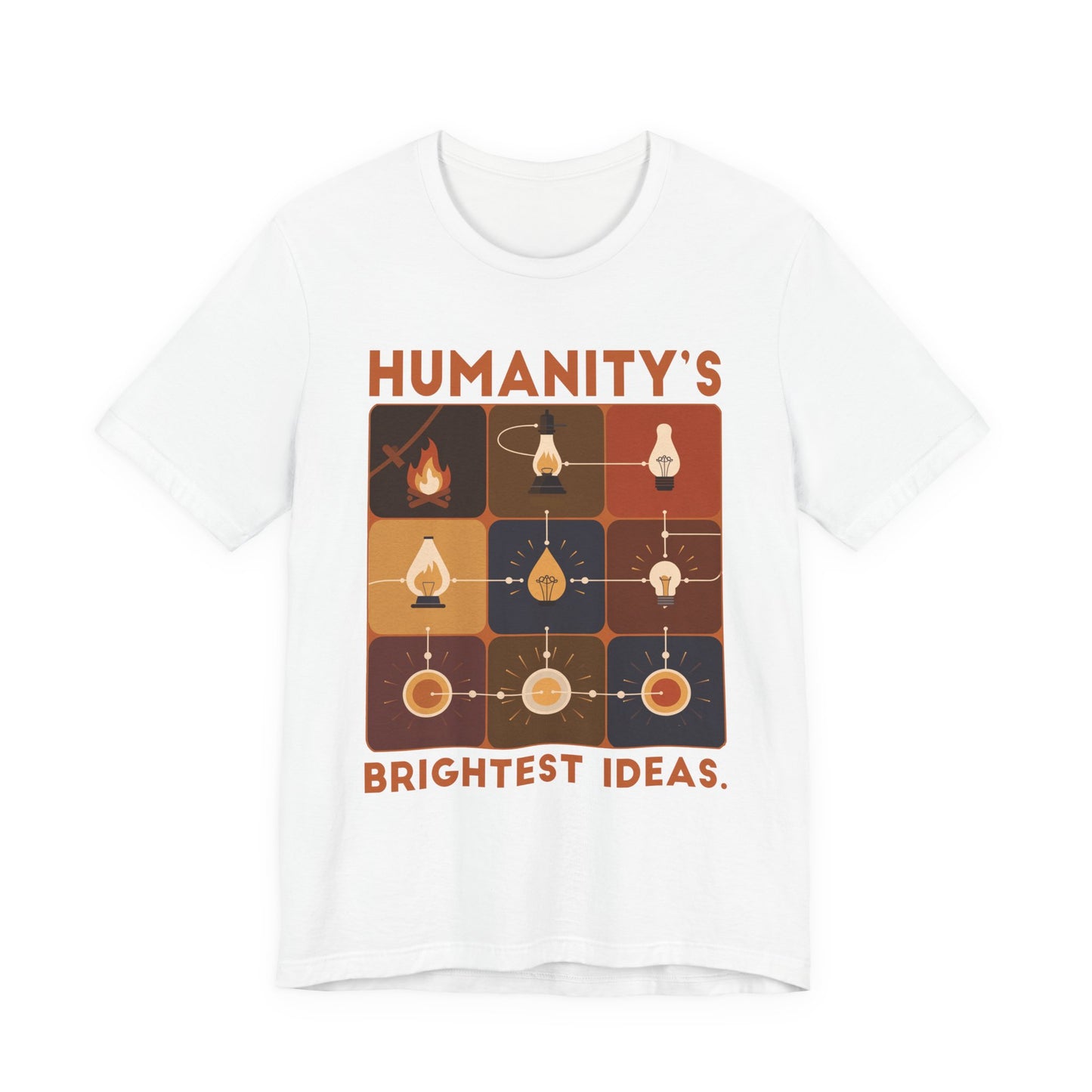 Humanity’s Bright Ideas Tshirt – Evolution from Fire to Fiber Optics Graphic