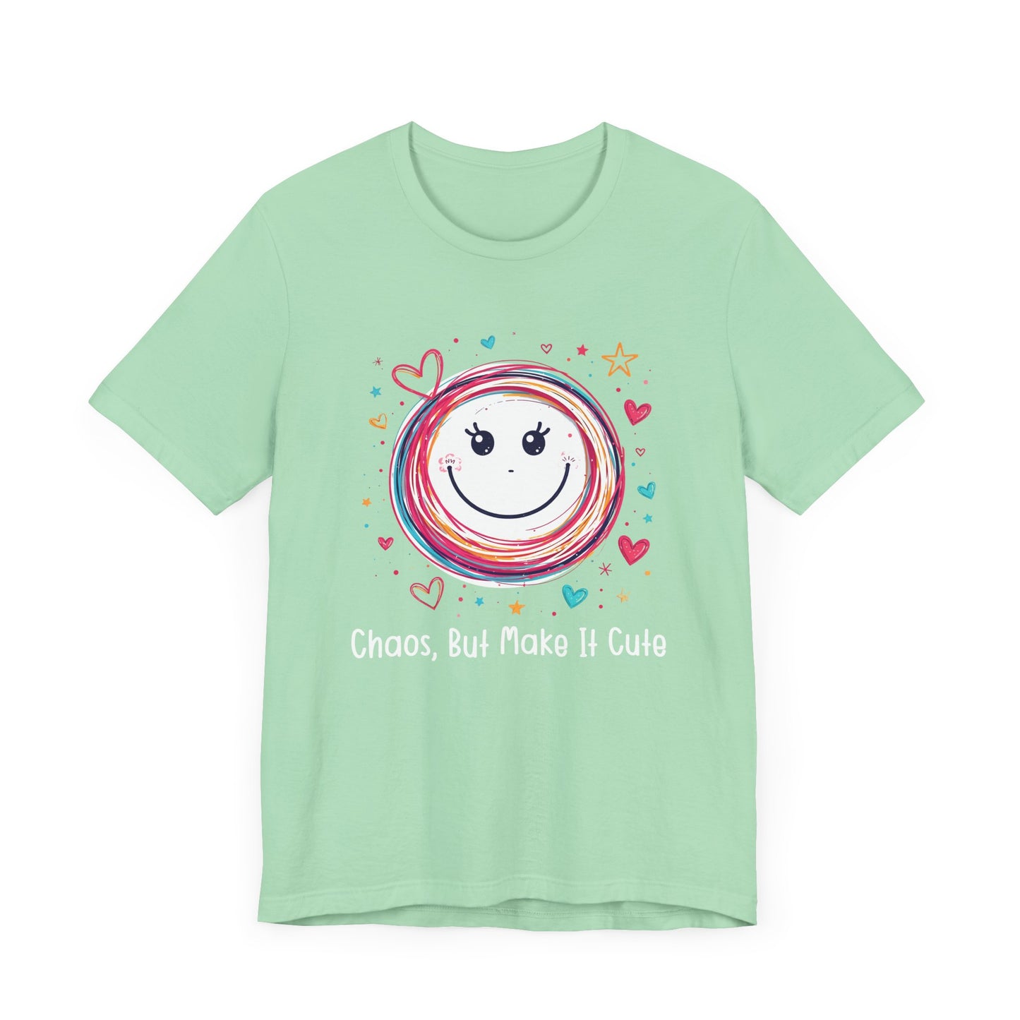 Chaos, But Make It Cute – Colorful Scribbled Circles with Smiley, Hearts & Stars Graphic T-Shirt