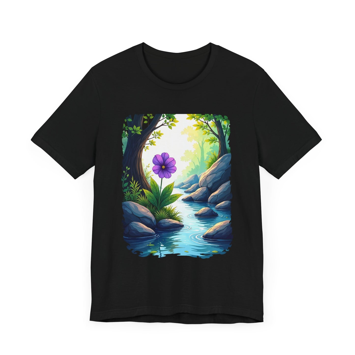 Tranquil Flower Creek T-Shirt – Nature Art Graphic Tee
