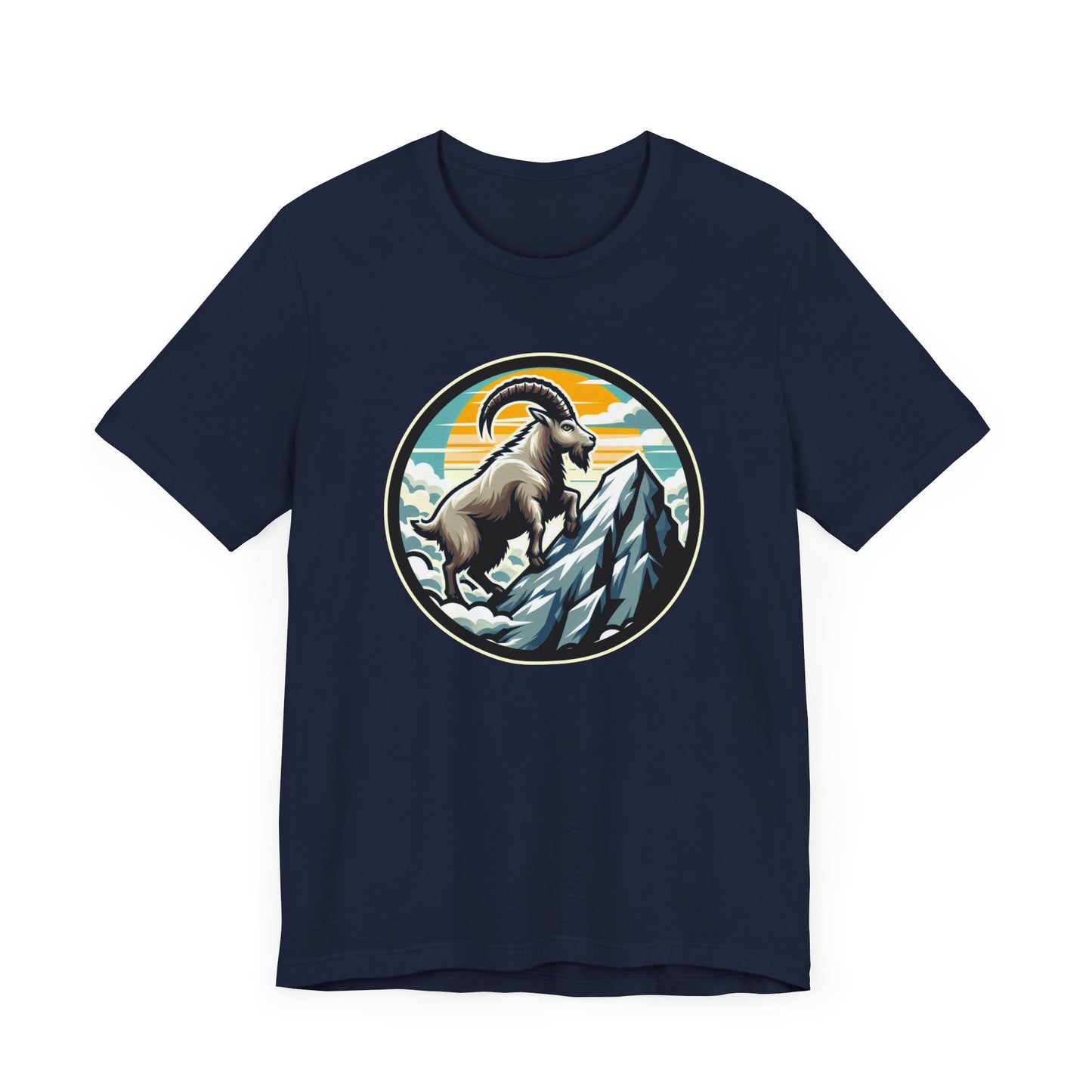Majestic Mountain Goat on Summit with Sun and Clouds Graphic T-Shirt