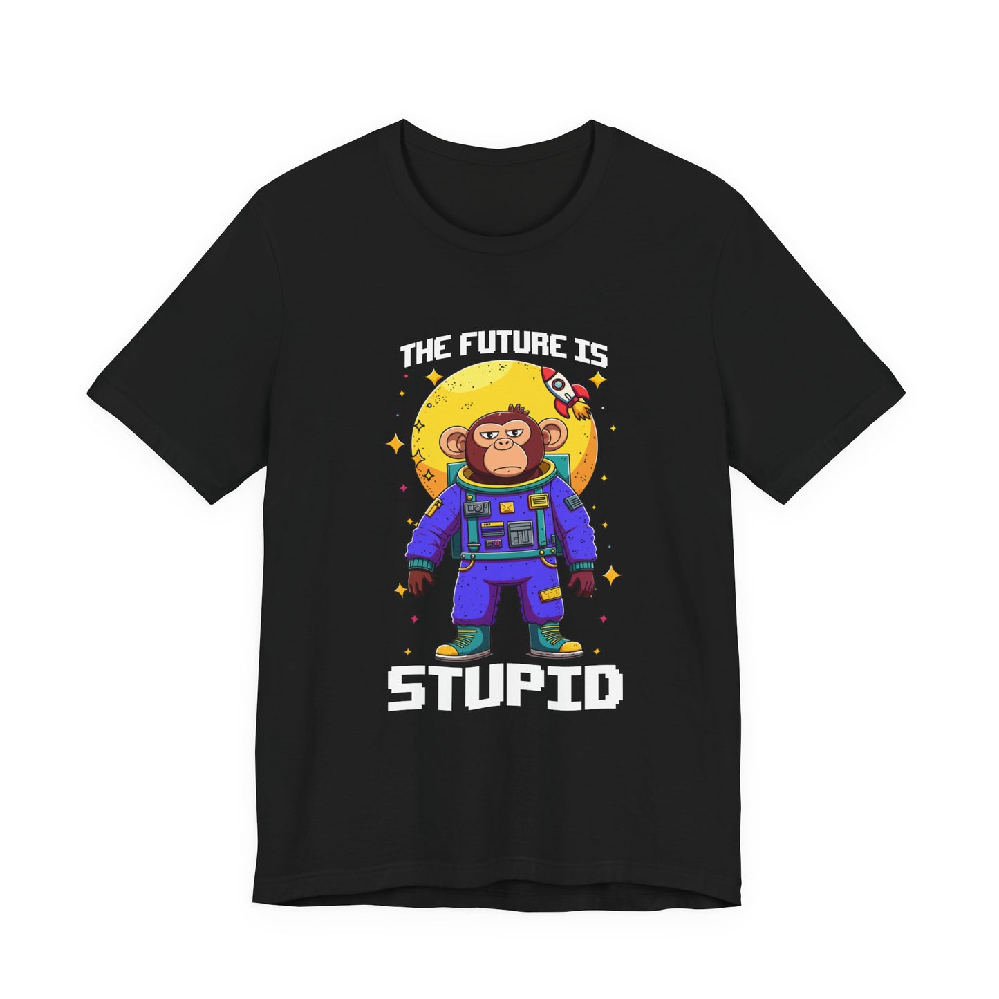 The Future Is Stupid Tshirt – Monkey in Colorful Spacesuit with Stars & Rocket Graphic