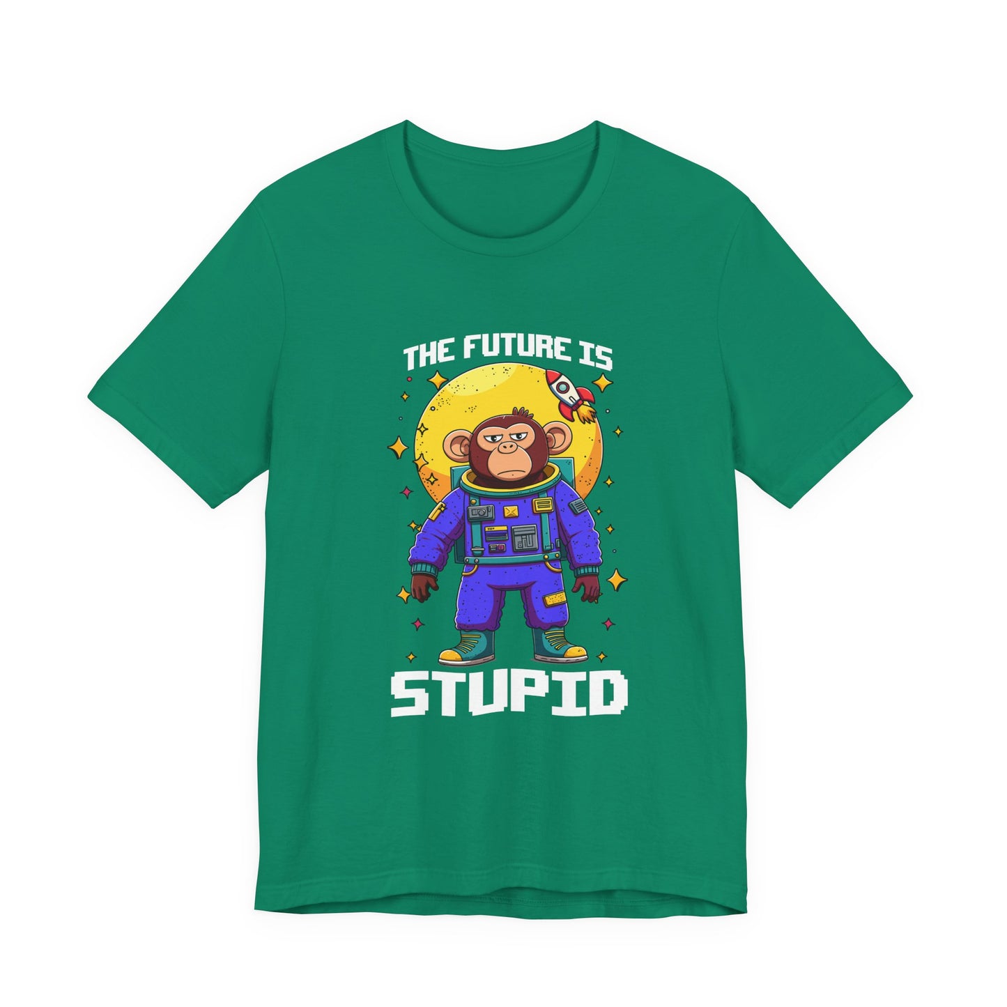 The Future Is Stupid Tshirt – Monkey in Colorful Spacesuit with Stars & Rocket Graphic