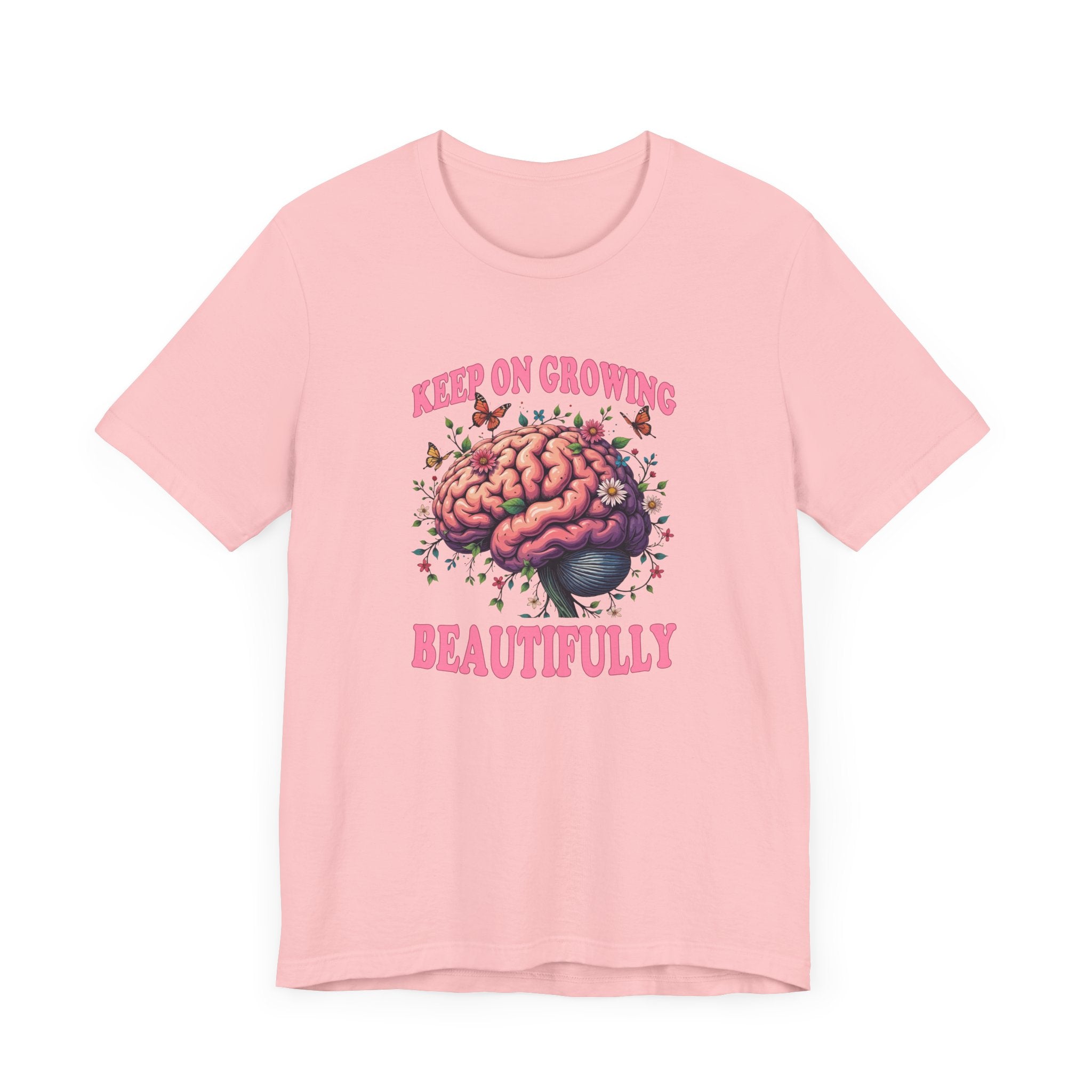 Keep on Growing Beautifully – Brain with Flowers, Plants & Butterflies Graphic T-Shirt