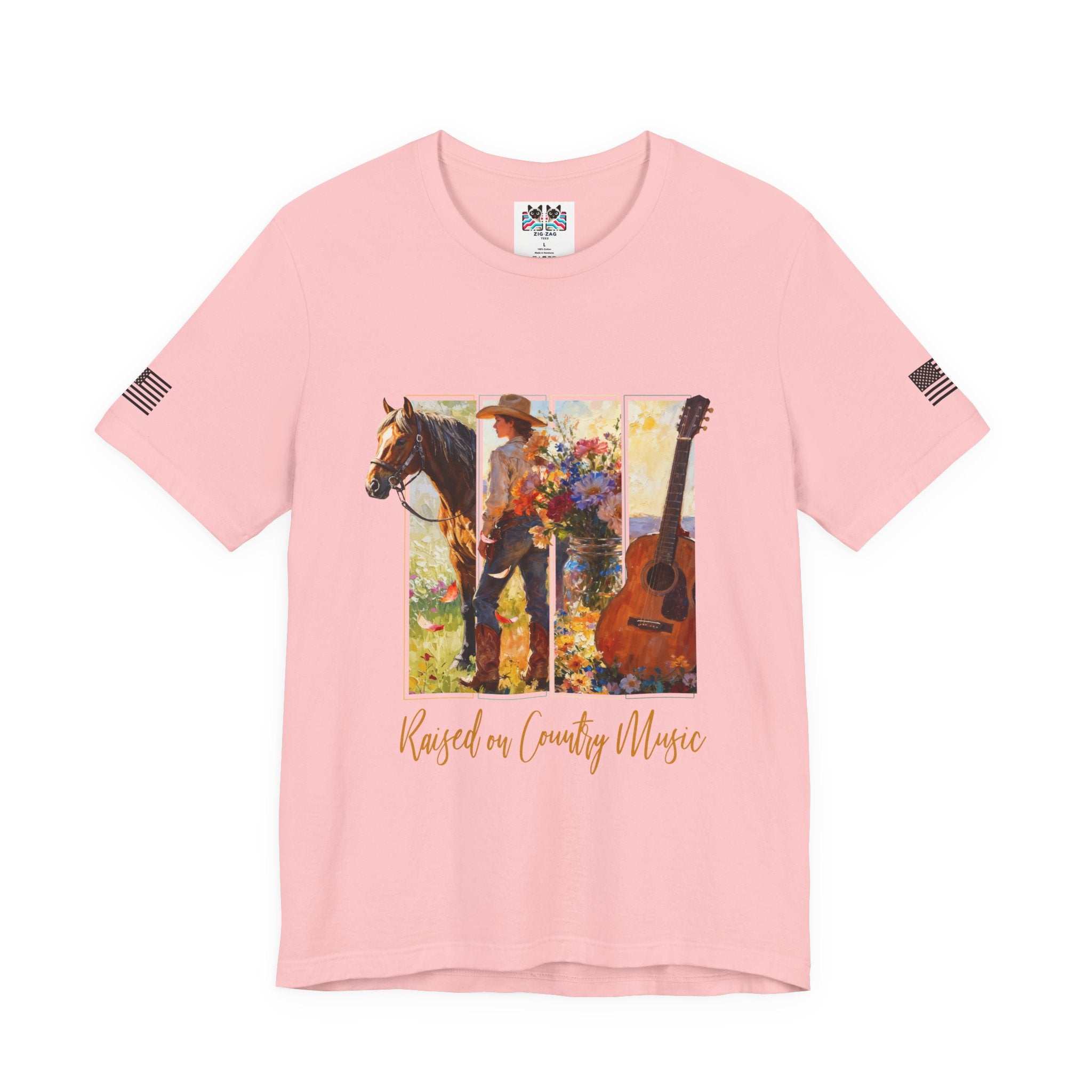 Raised on Country Music T-Shirt – Triptych Horse Cowboy Guitar Floral Illustrated Graphic Tee