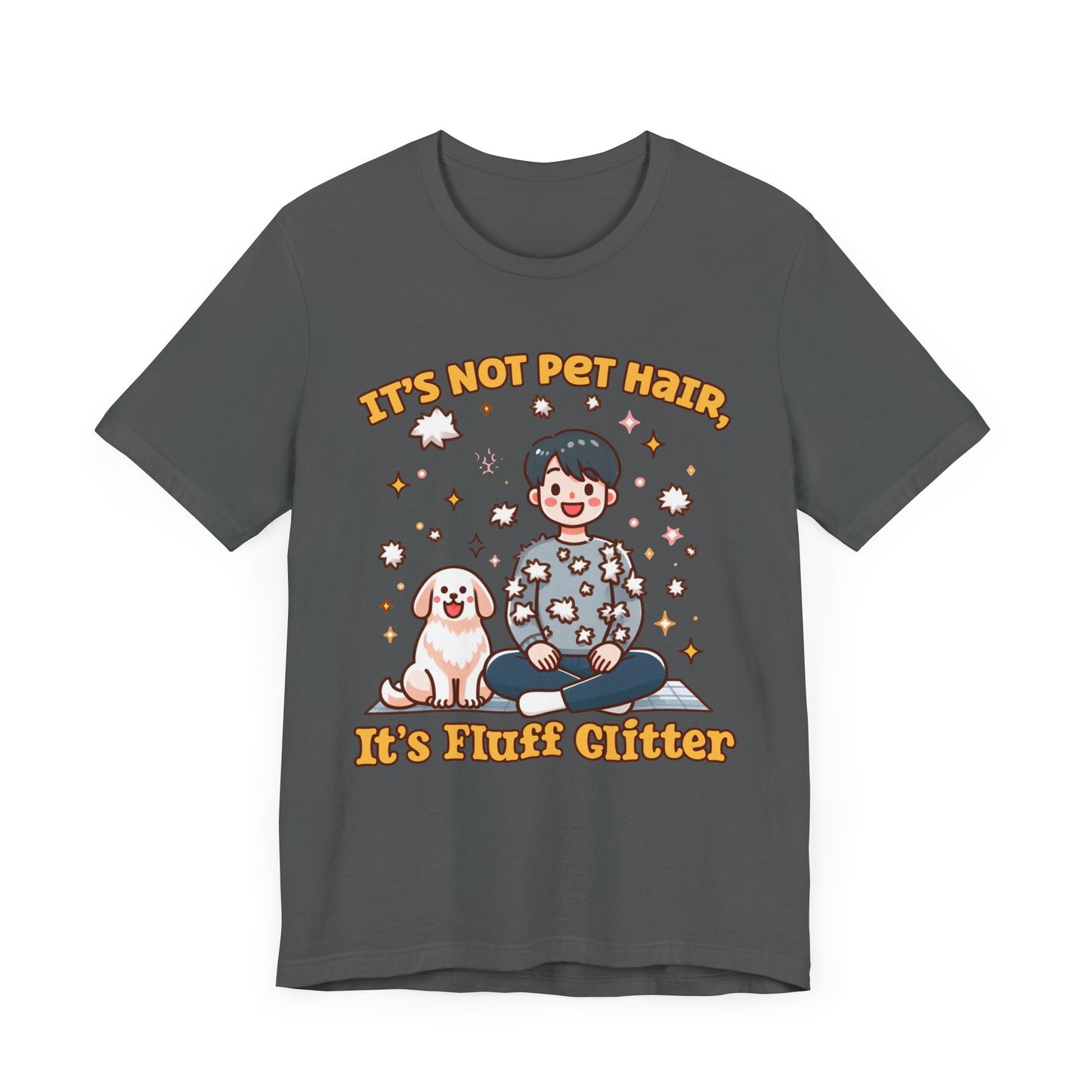 It's Not Pet Hair, It's Fluff Glitter | Smiling Puppy and Boy with Flying Hair & Glitter T-Shirt