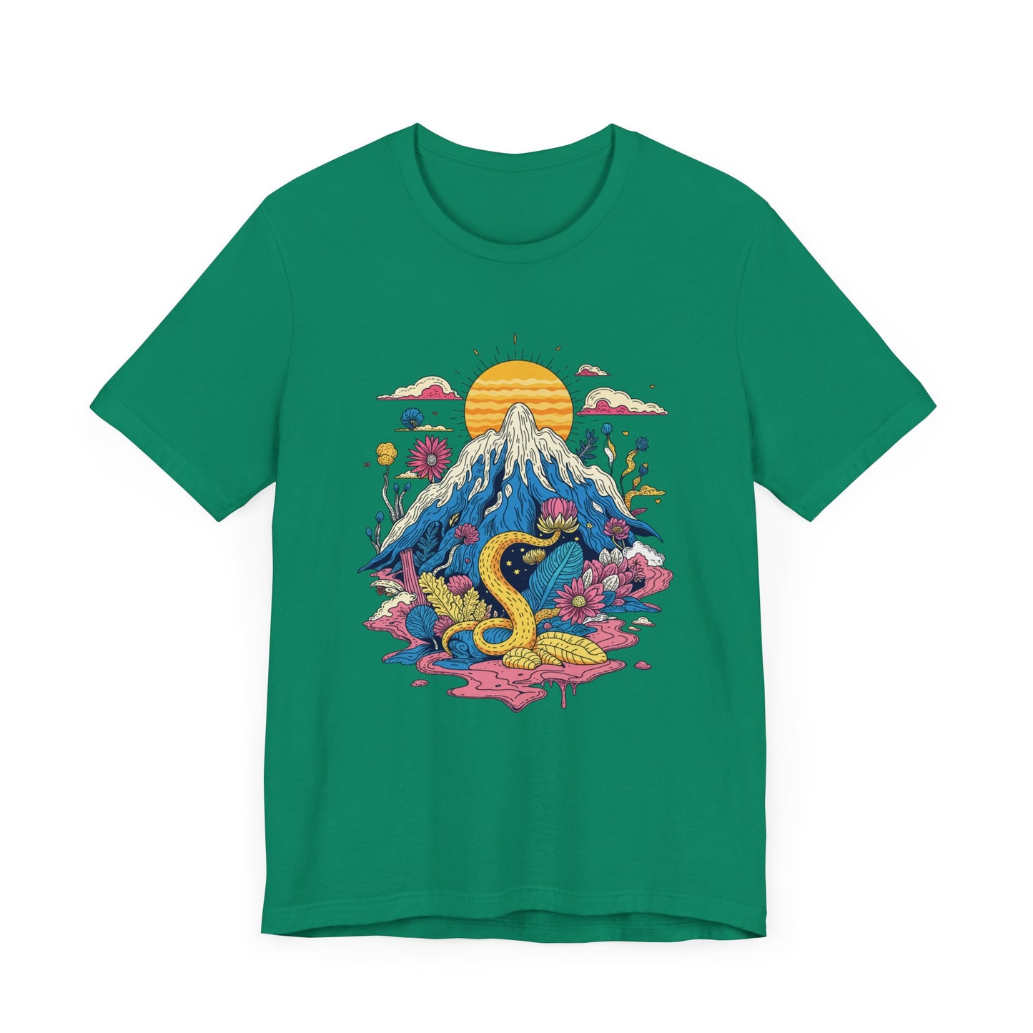 Psychological Jungle Mountain – Psychedelic Sun and Jungle Landscape Graphic T-Shirt