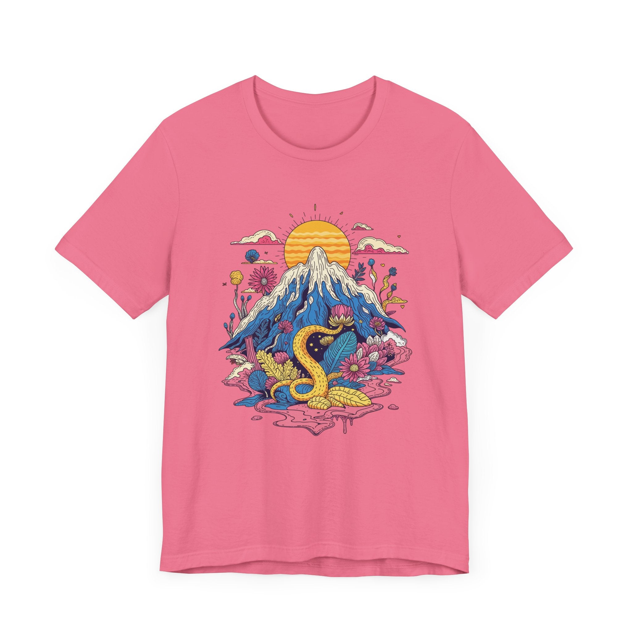 Psychological Jungle Mountain – Psychedelic Sun and Jungle Landscape Graphic T-Shirt