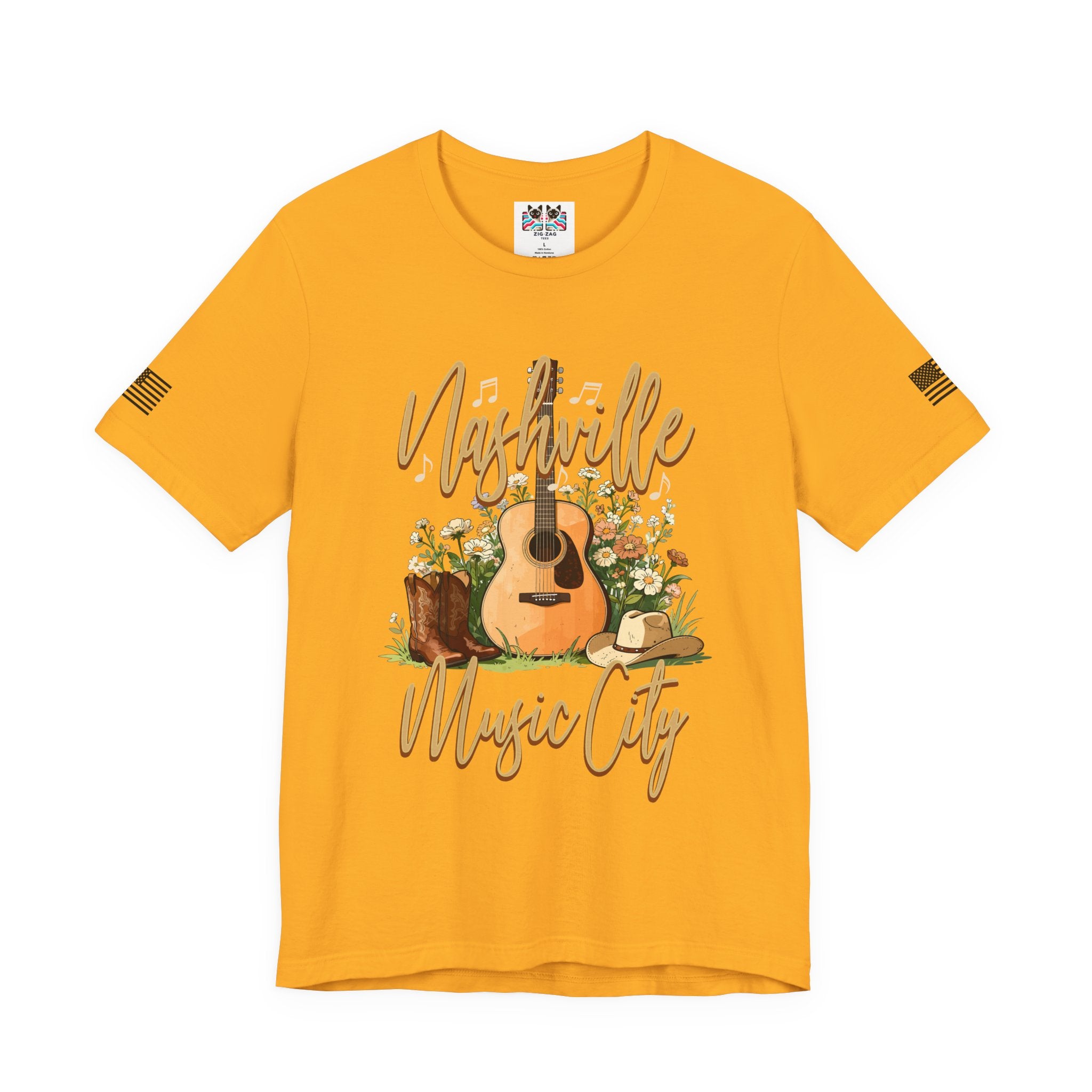 Nashville Music City T-Shirt – Acoustic Guitar Cowboy Hat Boots Floral Script Graphic Tee