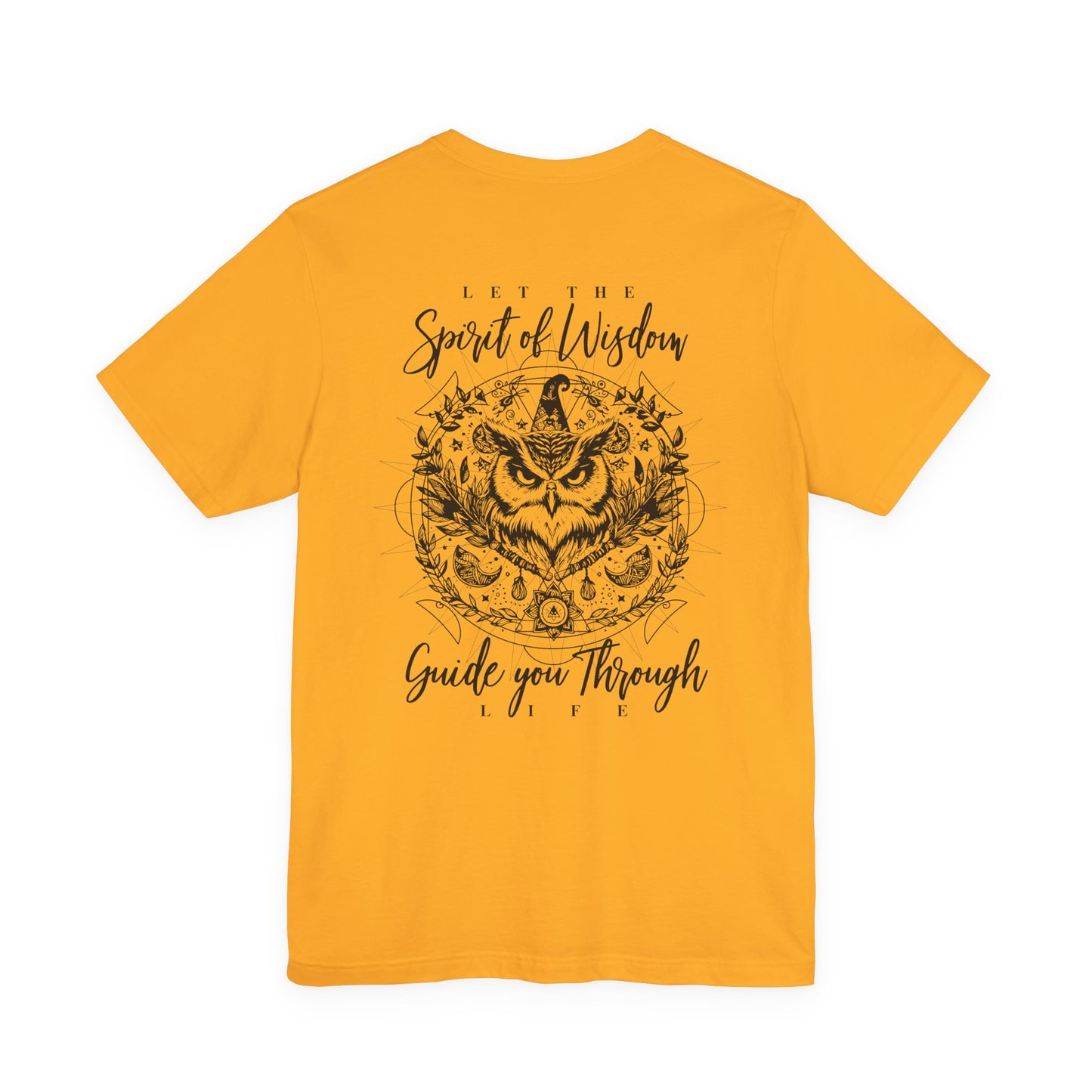 Spirit of Wisdom Owl T-Shirt – Wise Owl with Witch Hat and Medal [Black Text]