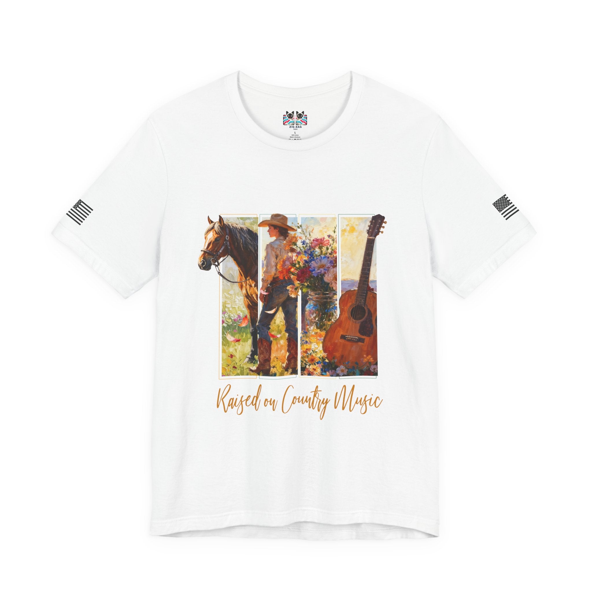 Raised on Country Music T-Shirt – Triptych Horse Cowboy Guitar Floral Illustrated Graphic Tee