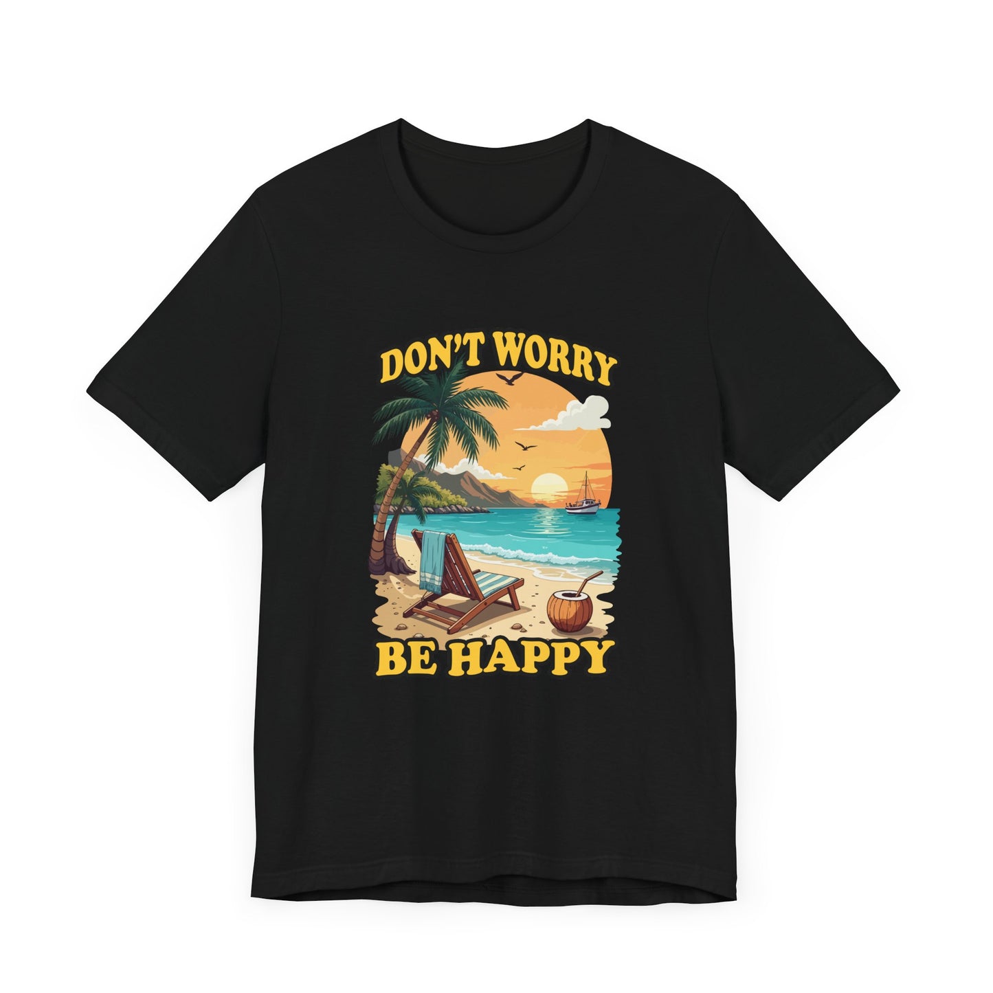 Don’t Worry Be Happy T-Shirt – Retro Beach Sunset Graphic Tee