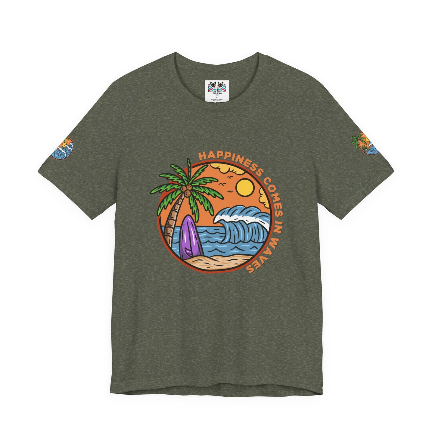 Happiness Comes in Waves T-Shirt – Beach Surf Palm Tree Ocean Graphic Tee
