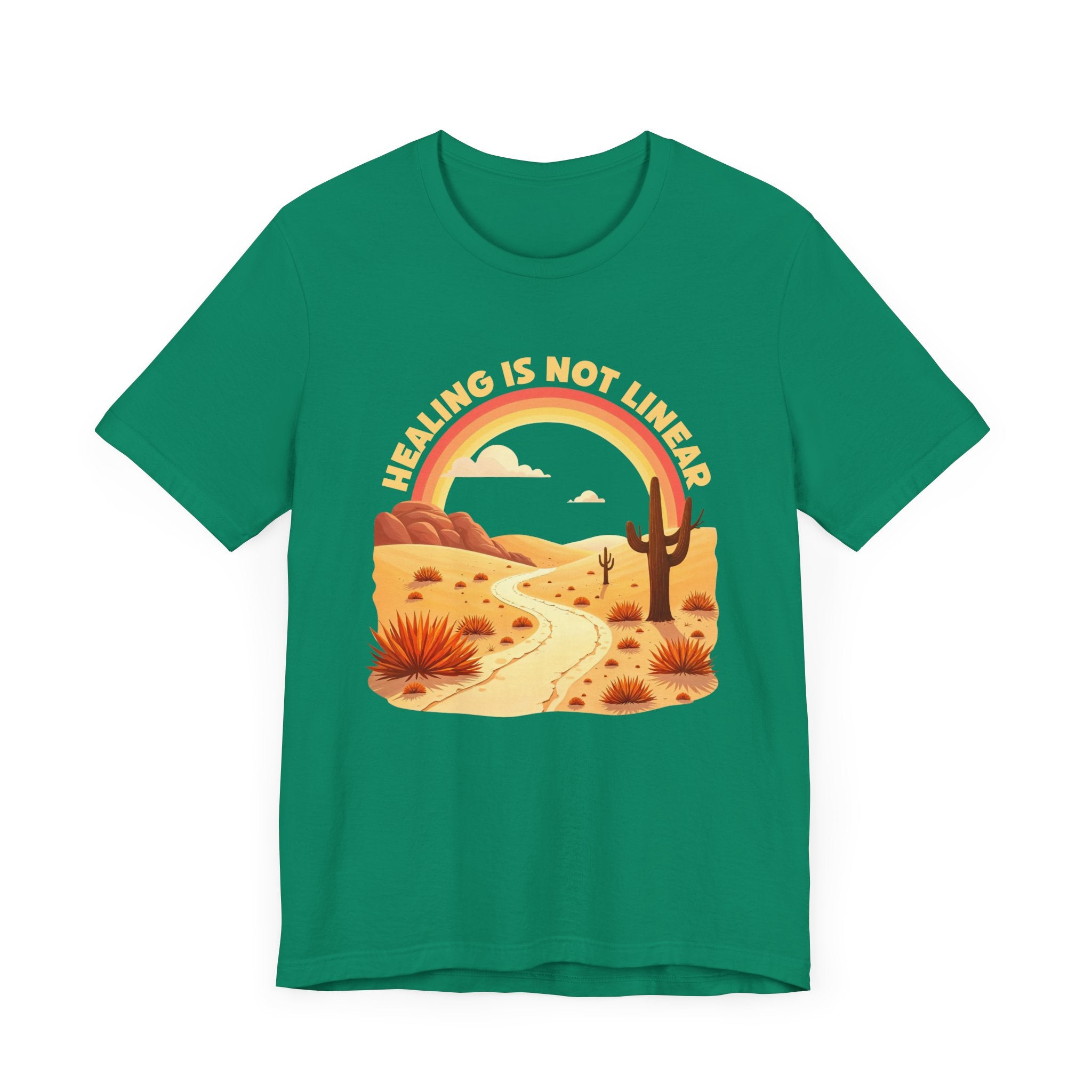 Healing Is Not Linear – Warm Desert Rainbow & Winding Road Graphic T-Shirt