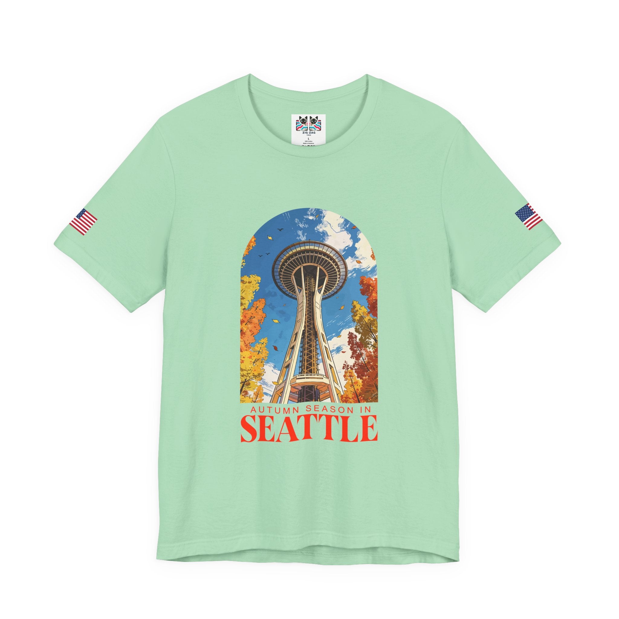 Autumn Season in Seattle Space Needle Fall Foliage T-Shirt | Seattle Fall Graphic Tee | Space Needle Seasonal Shirt