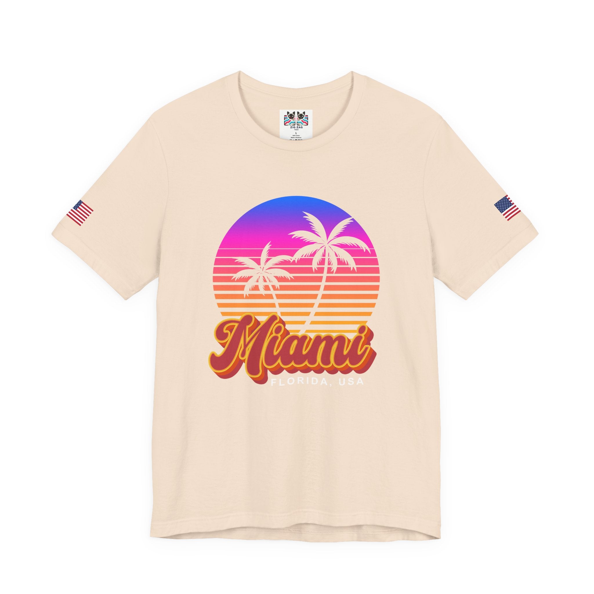 Miami Florida USA T-Shirt – Retro Neon Sunset Palm Tree Circle Graphic Tee