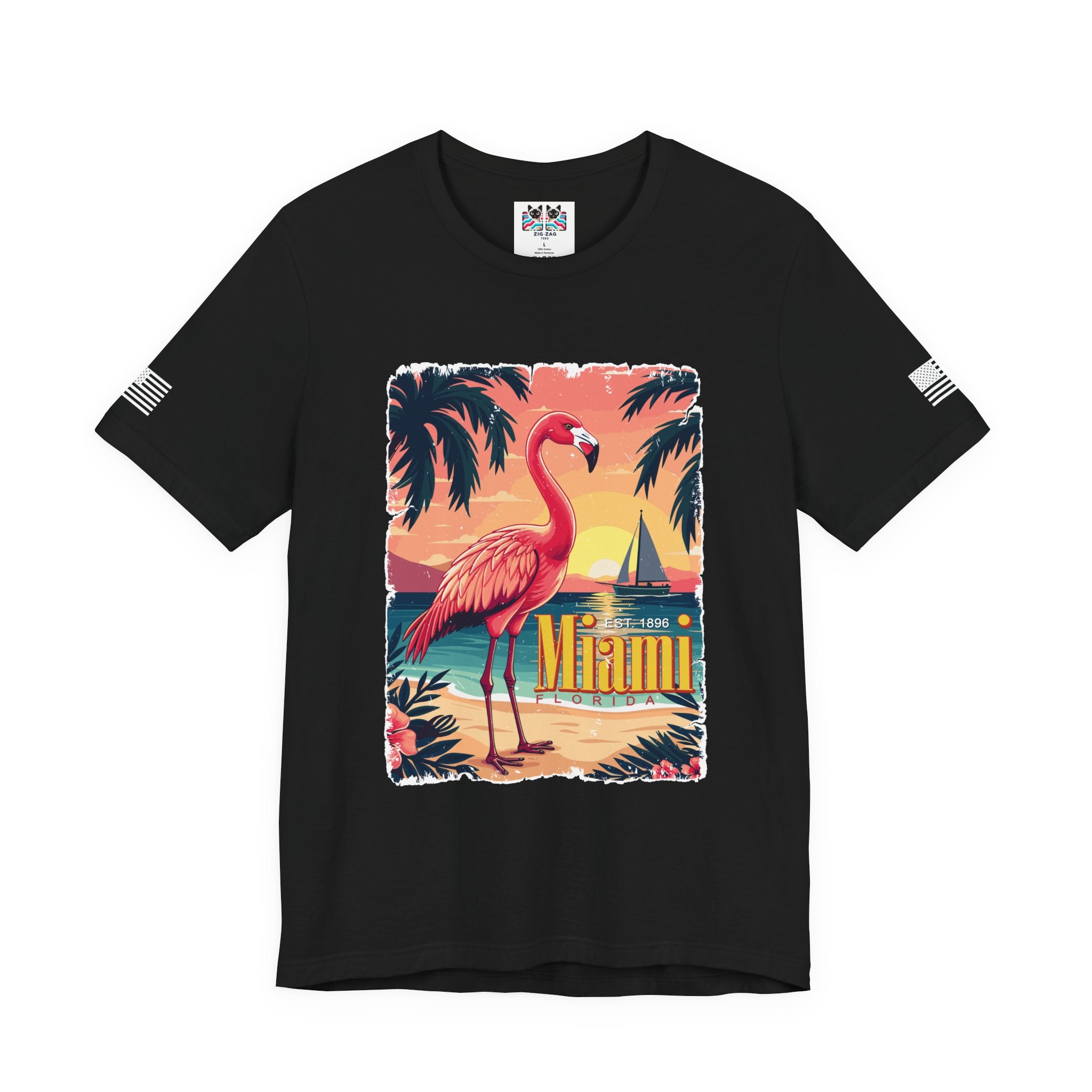 Miami Florida EST 1896 T-Shirt – Flamingo Vintage Travel Poster Beach Sunset Tee