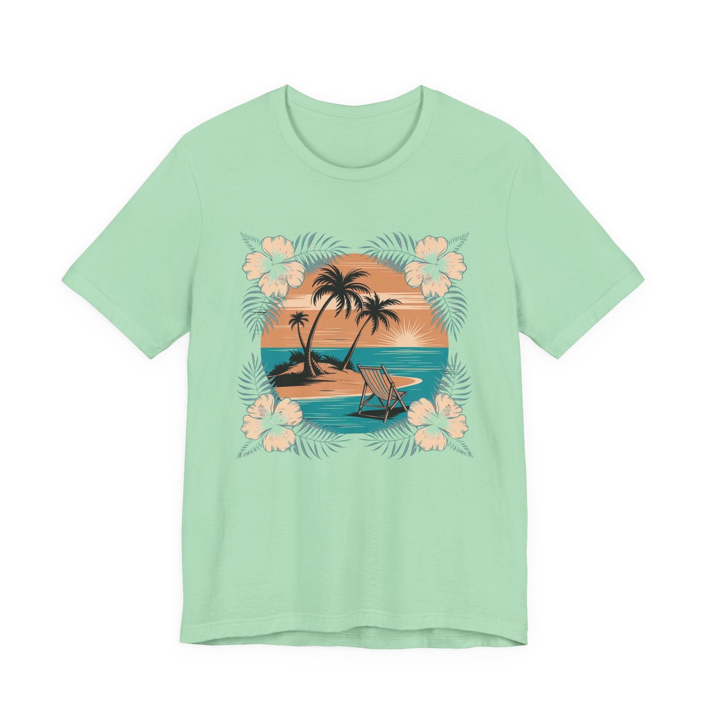 Tropical Escape – Beach Island Sunset with Floral Border Graphic T-Shirt