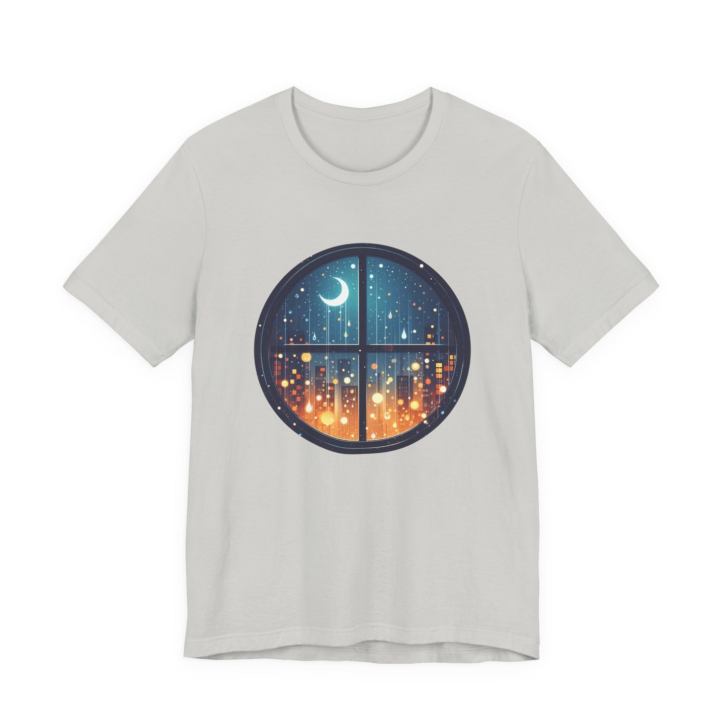 Dreaming Under Drizzles – Crescent Moon & Rainy Night in a City Window Graphic T-Shirt